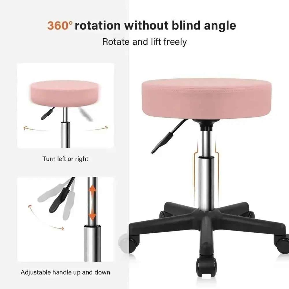 Pink PU leather rolling salon stool – view 2