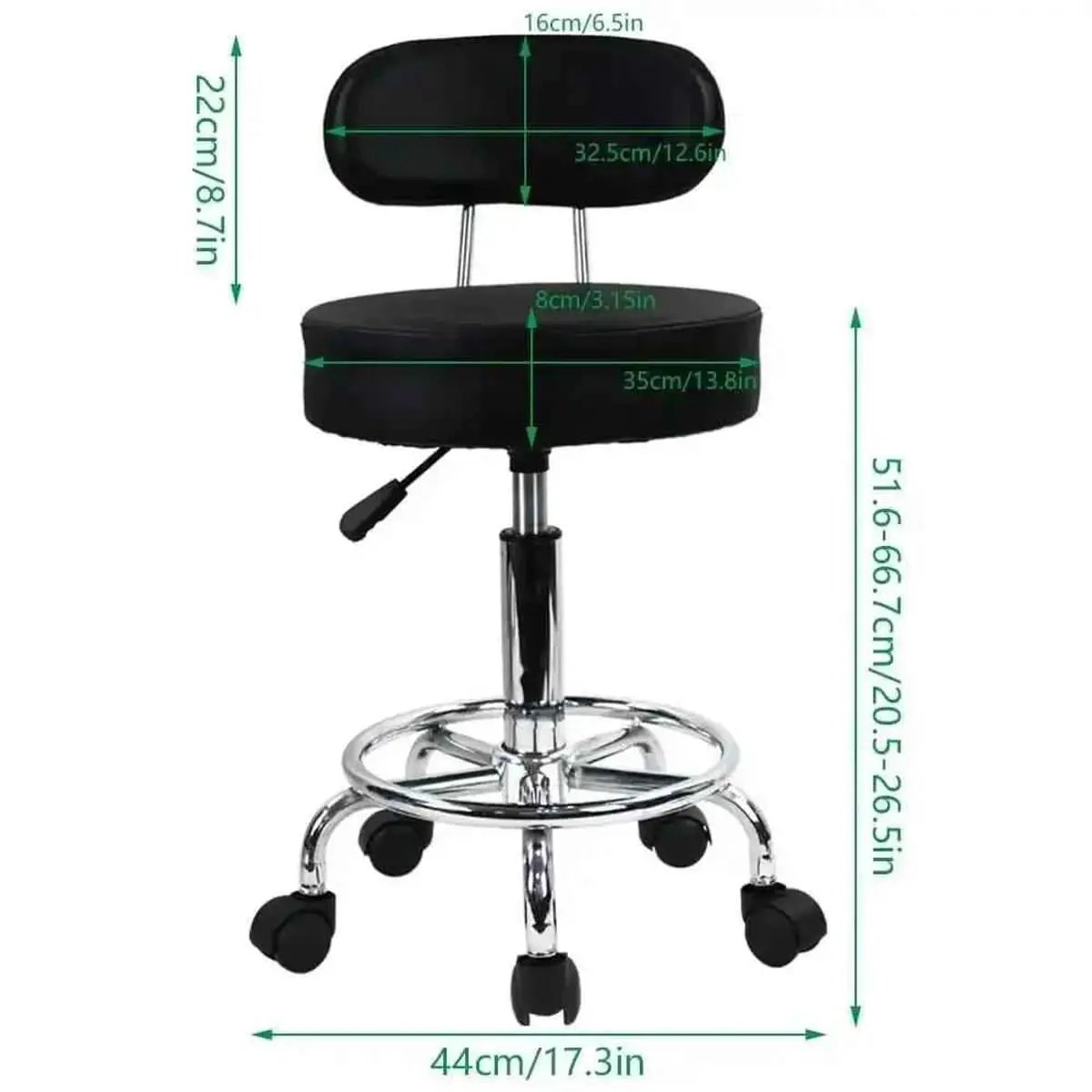 Black PU leather rolling stool with backrest and ring footrest – view 2