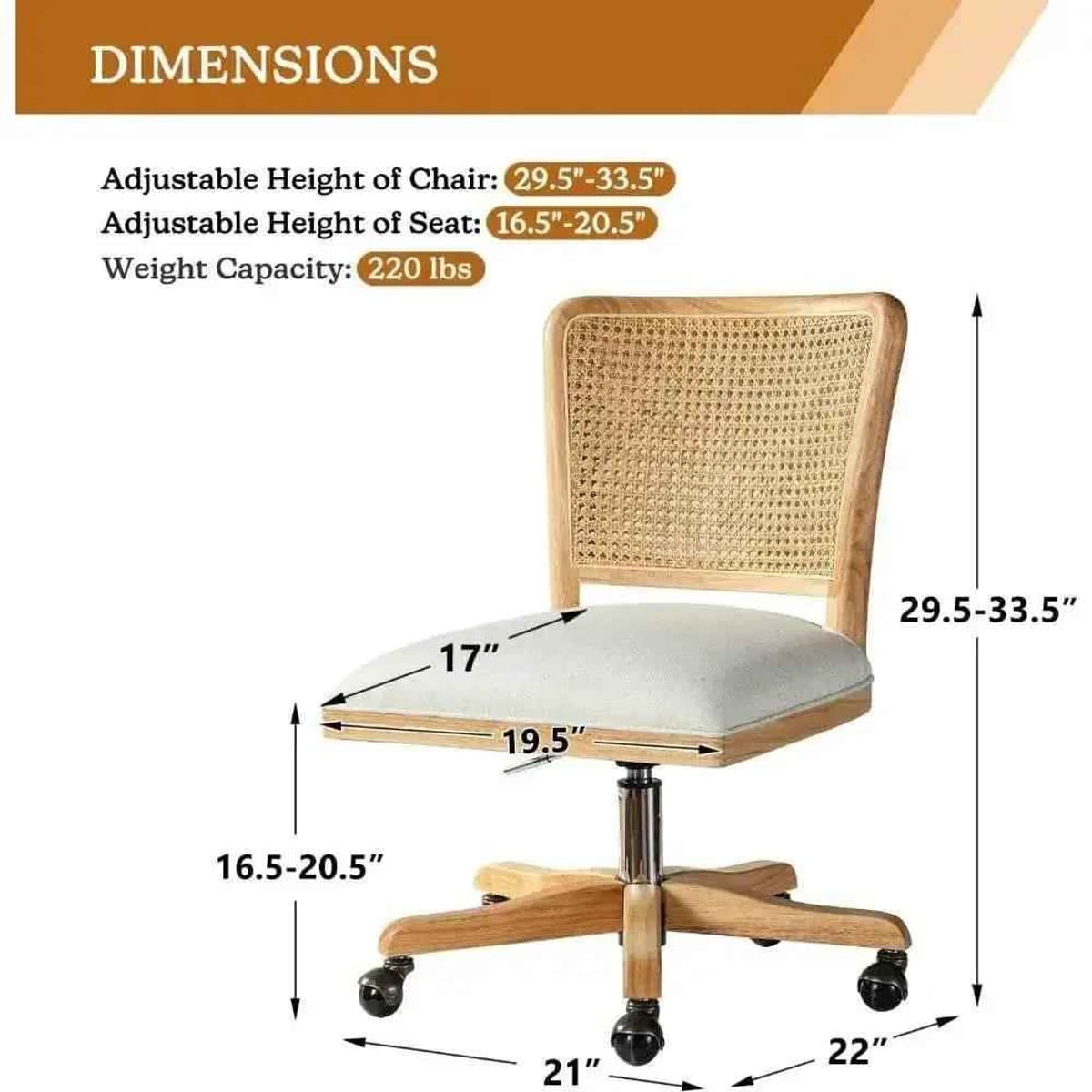 Chic Adjustable Armless Desk Chair With Rattan Backrest And