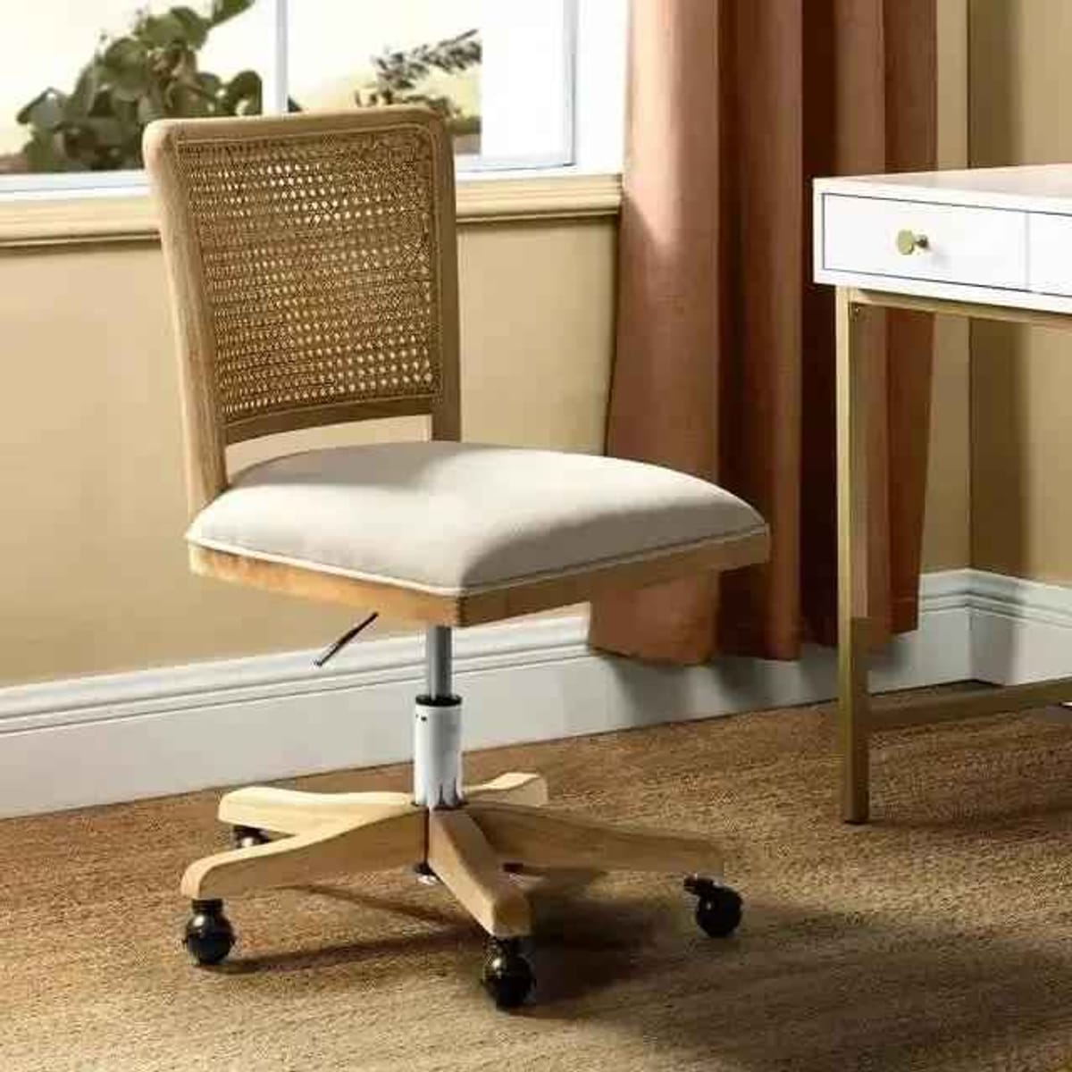 Chic Adjustable Armless Desk Chair With Rattan Backrest And