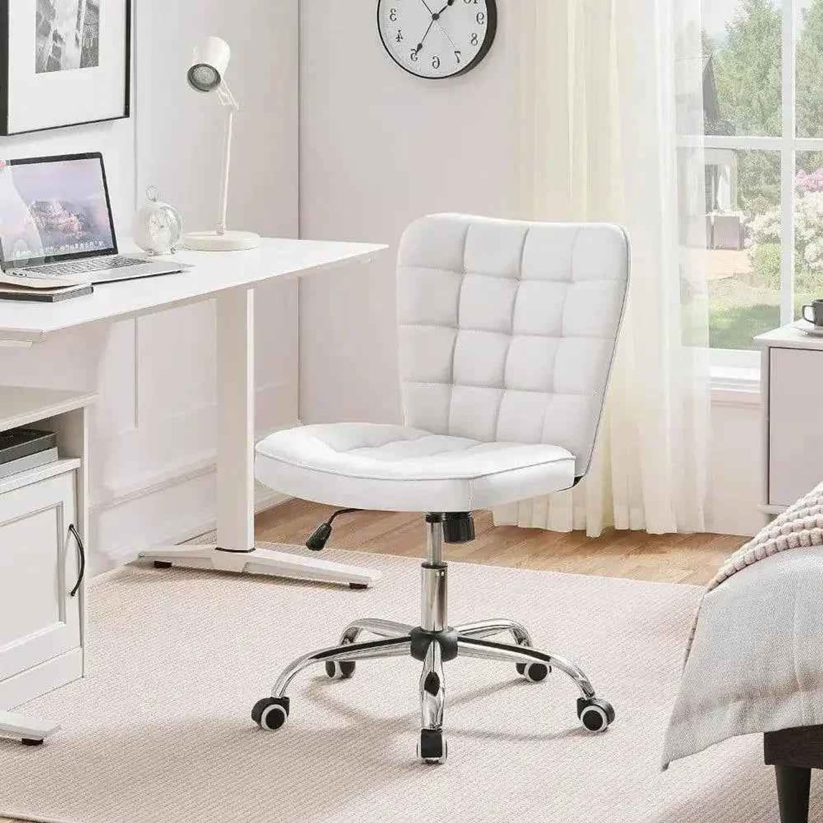 Modern Armless White Tufted Premium Faux Leather Office Desk Chair Adjustable Height Swivel Casters