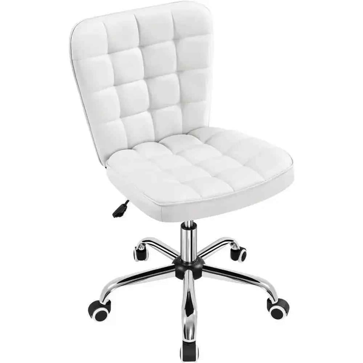 Modern Armless White Tufted Premium Faux Leather Office Desk Chair Adjustable Height Swivel Casters