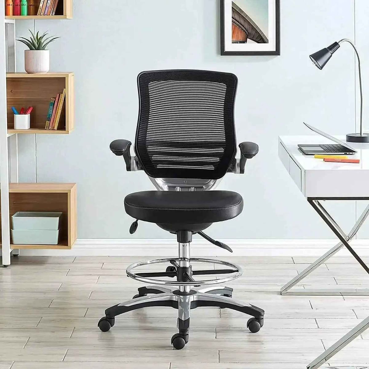 Ergonomic Drafting Chair with Flip-Up Arms, Adjustable Height, Black Mesh Back & Padded Seat for Studio, Desk & Reception