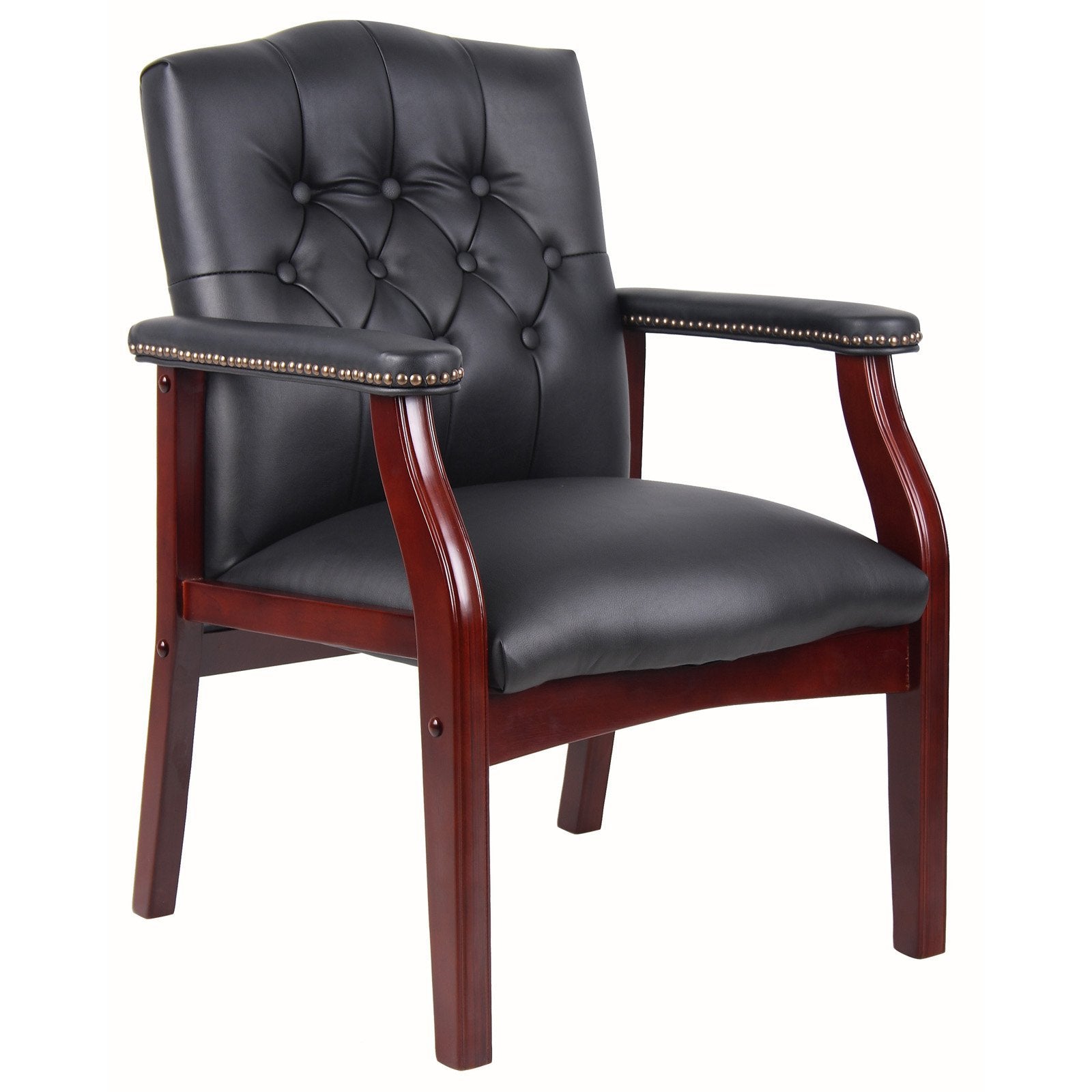 Black leather tufted reception guest chair with padded arms