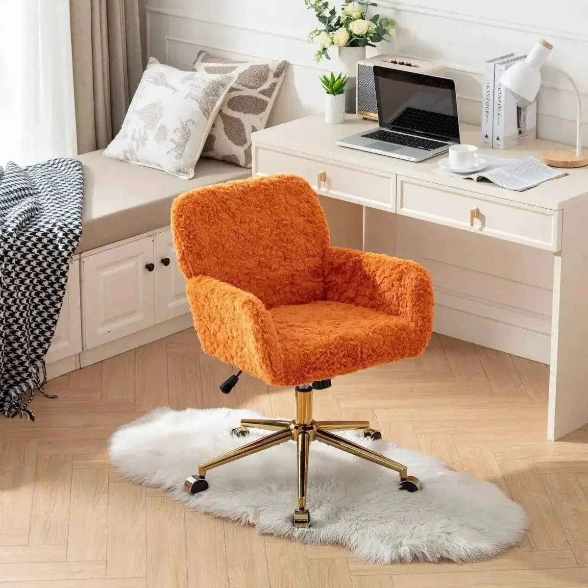 Orange plush sherpa swivel chair – view 2