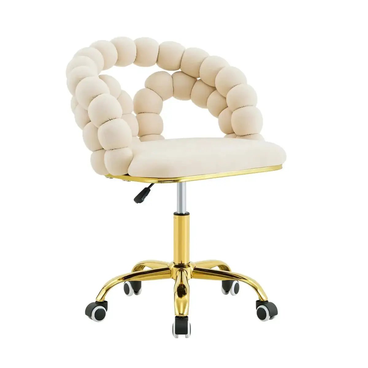 Beige velvet adjustable swivel desk chair with gold metal base
