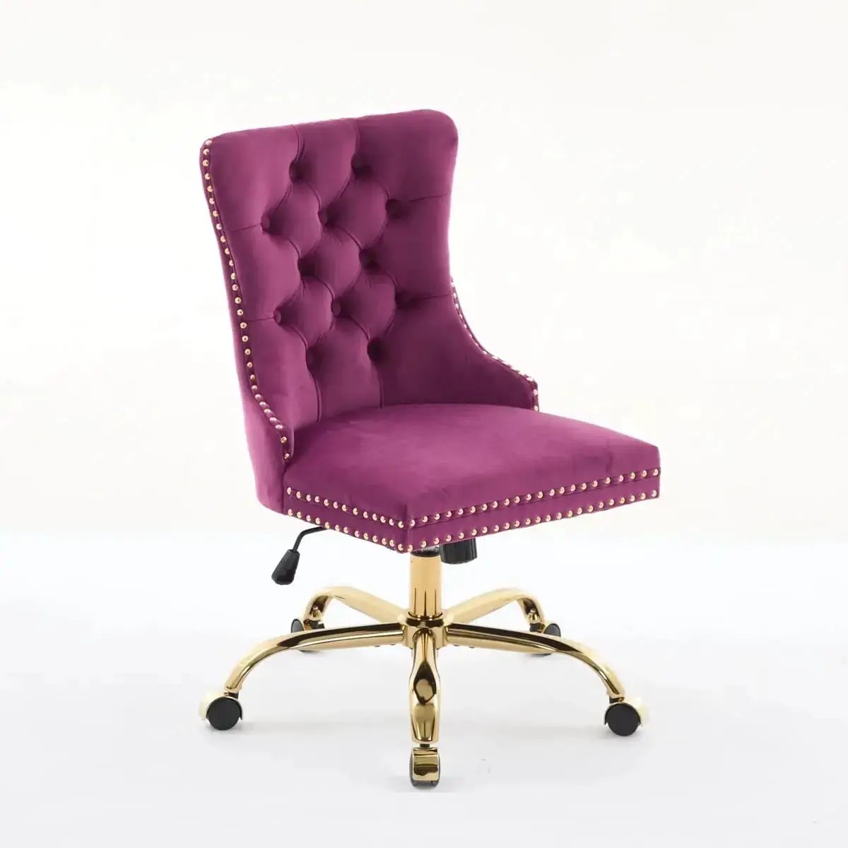 Luxurious purple velvet tufted office chair, gold base