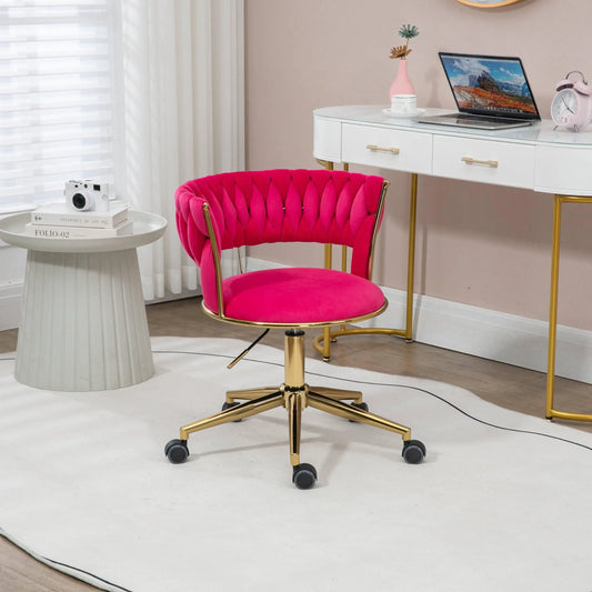 Rose red ergonomic swivel office chair with gold frame in a modern home workspace