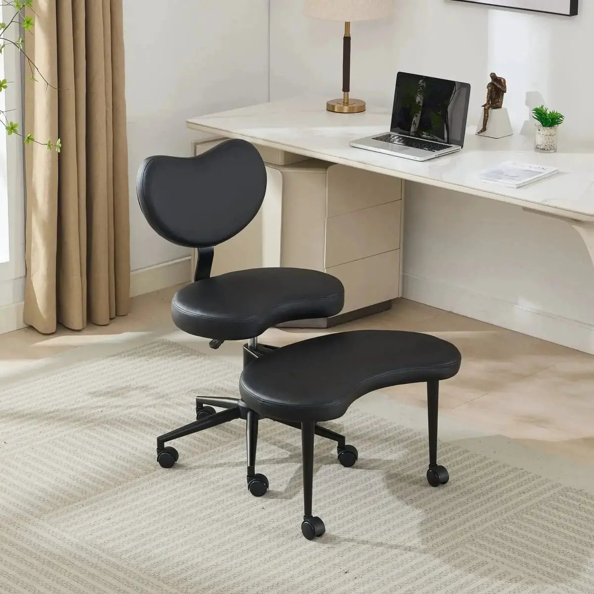 Cross-Legged meditation office chair with wheels, black PU leather