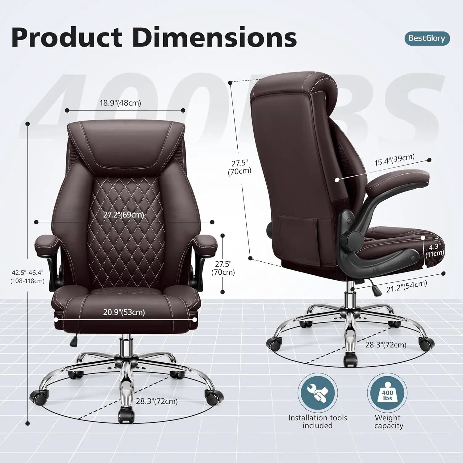 Big & tall BestGlory ergonomic office chair with high back, breathable leather, lumbar support, flip-up armrests, and rocking function.