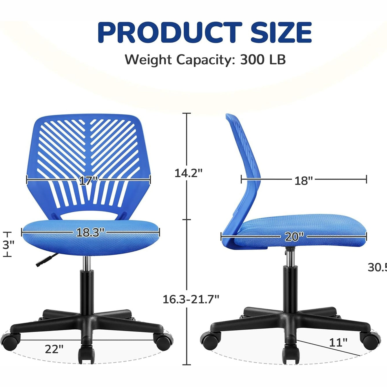 Yaheetech Small Desk Chair, Armless Adjustable Swivel Seat, Blue | Padded Mesh Seat and Ventilated Resin Back, Compact Armless Frame Rolls and Adjusts for Study and Small Desks, Holds 300 Lb.