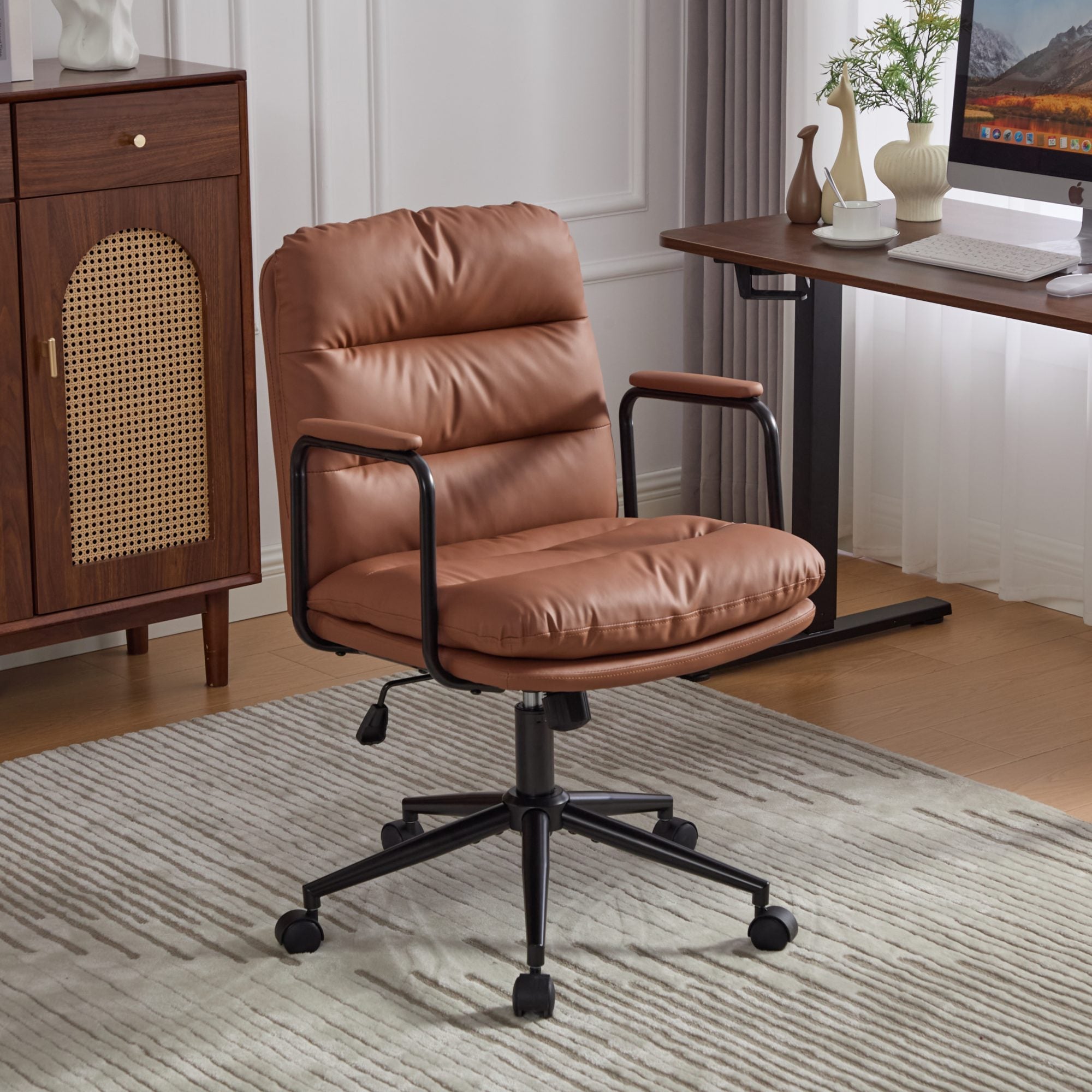 Mid Back PU Leather Office Chair with Arms, Brown, 40° Recline - Platinum-Level Office Chairs