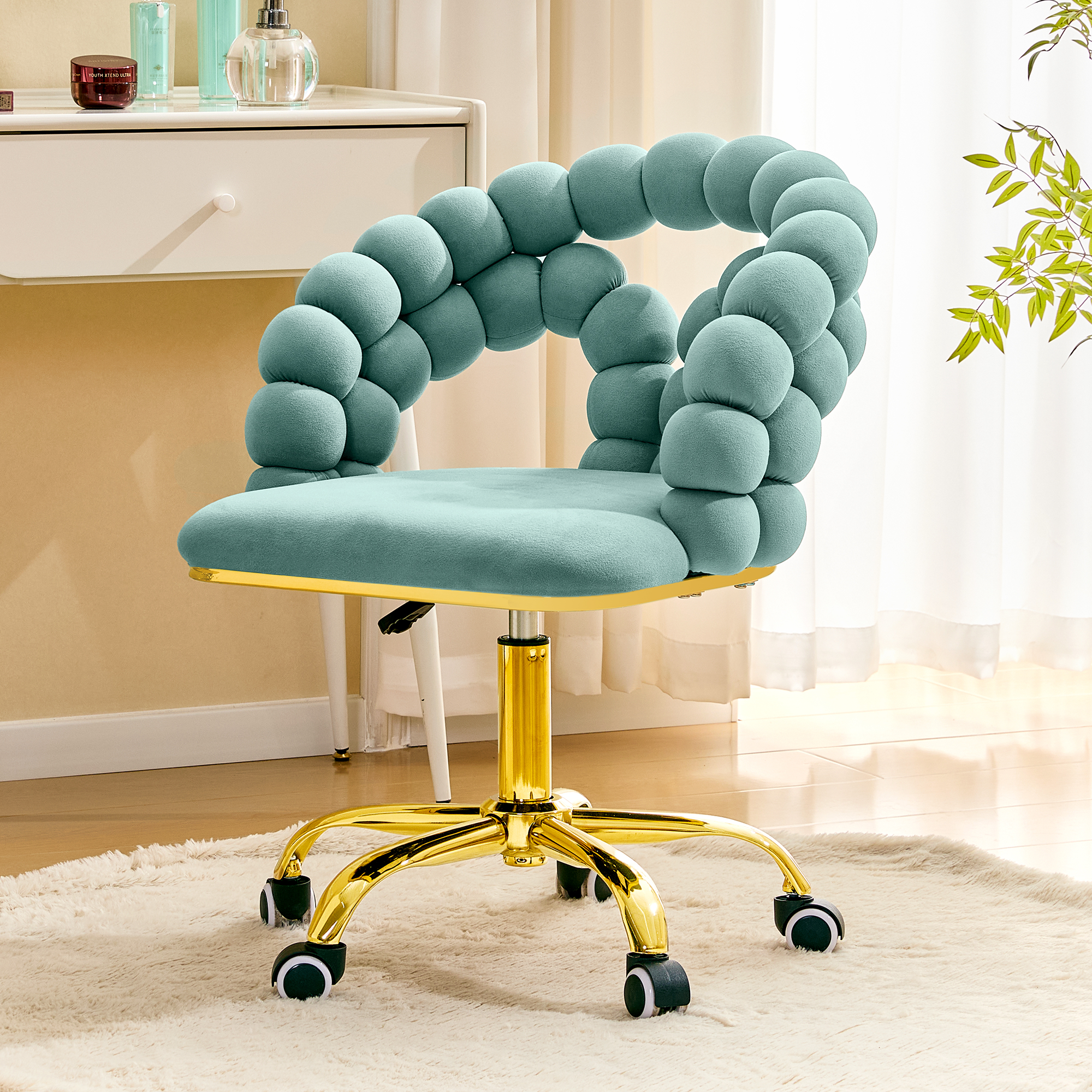Modern Velvet Bubble Back Swivel Vanity Chair, Blue Upholstered Adjustable Home Office Chair with Gold Metal Base for Bedroom, Makeup Room and Desk - Platinum-Level Office Chairs