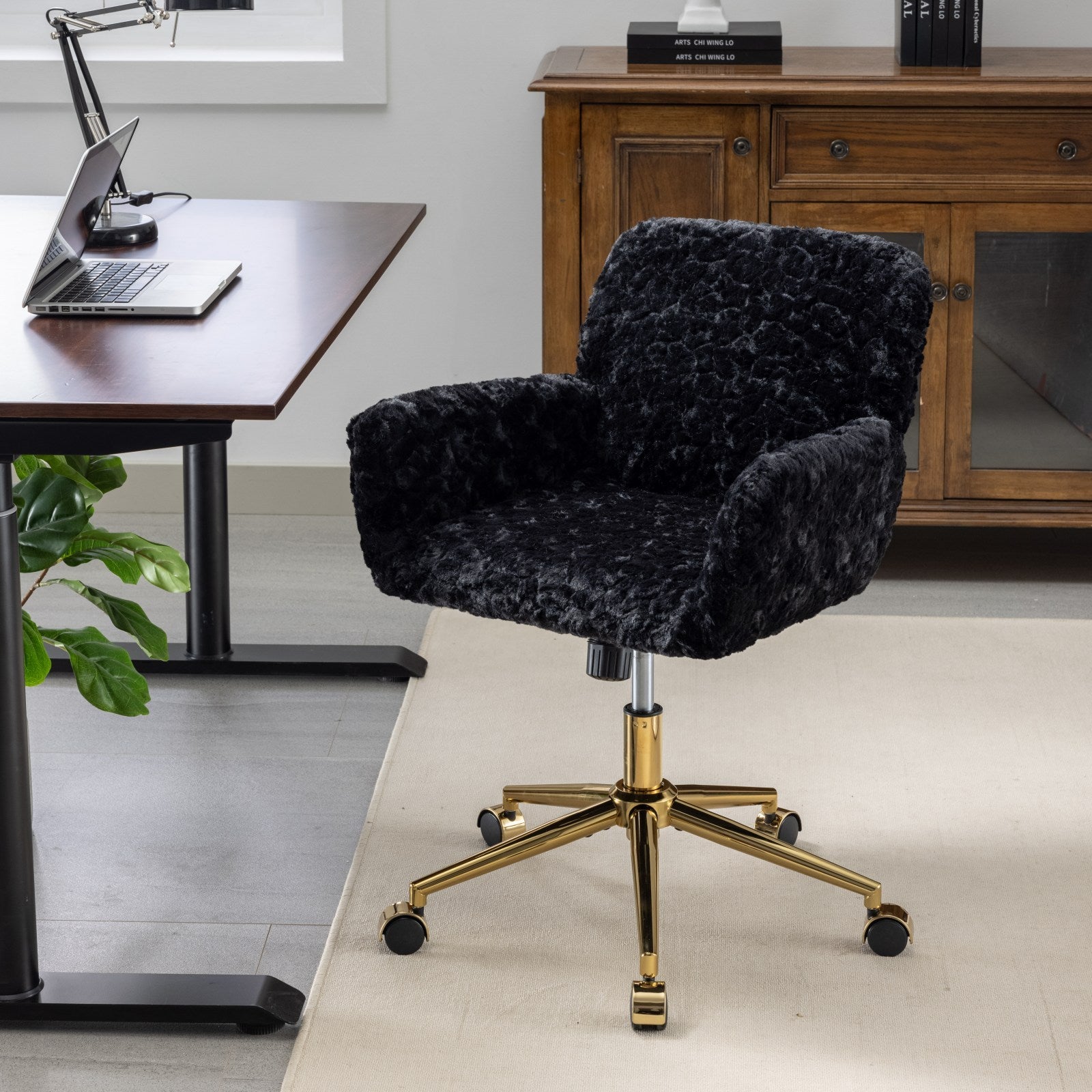 A&A Furniture Rabbit Hair Vanity Chair, Golden Base, Black - Platinum-Level Office Chairs