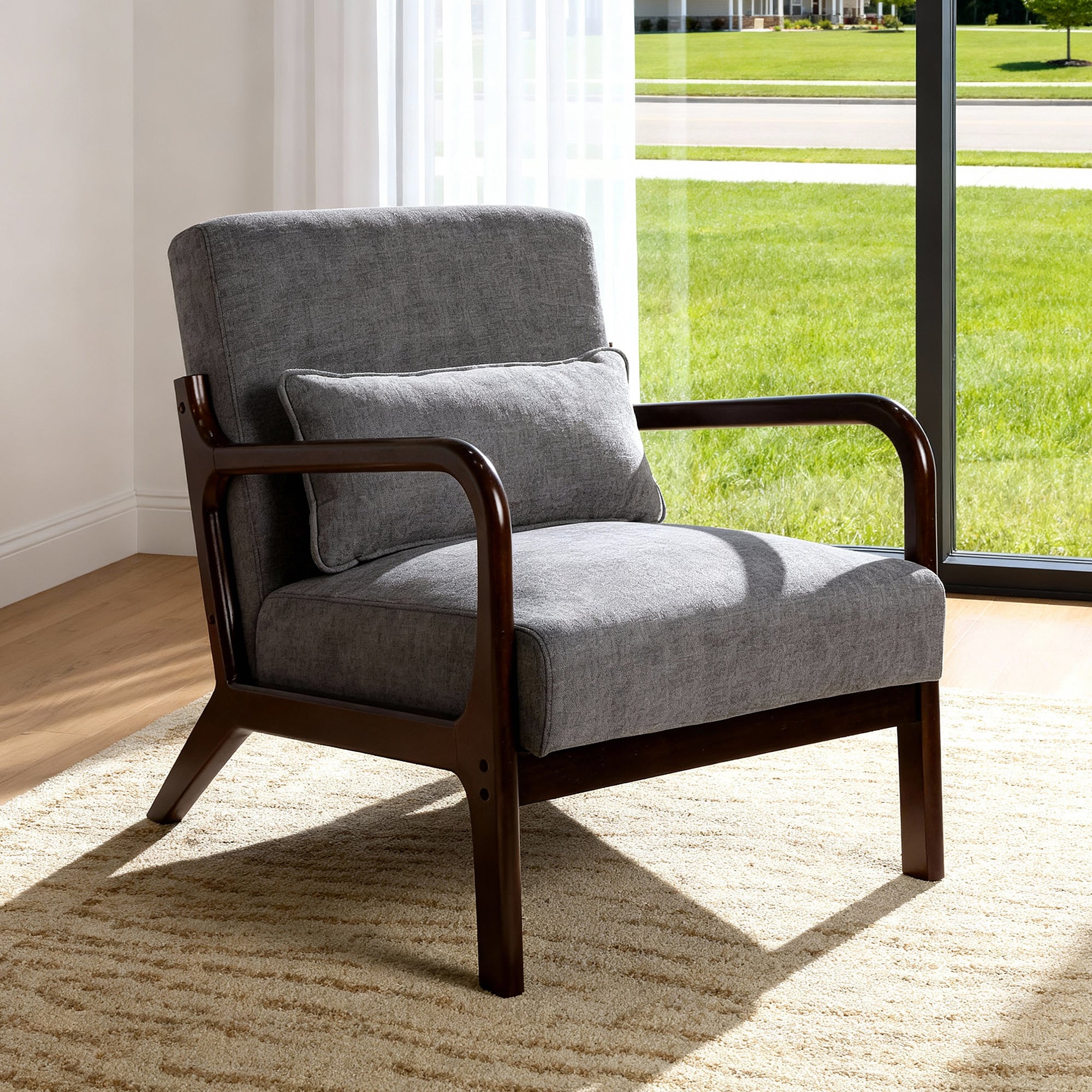 Mid Century Armchair With Solid Wood Frame And Lumbar Pillow