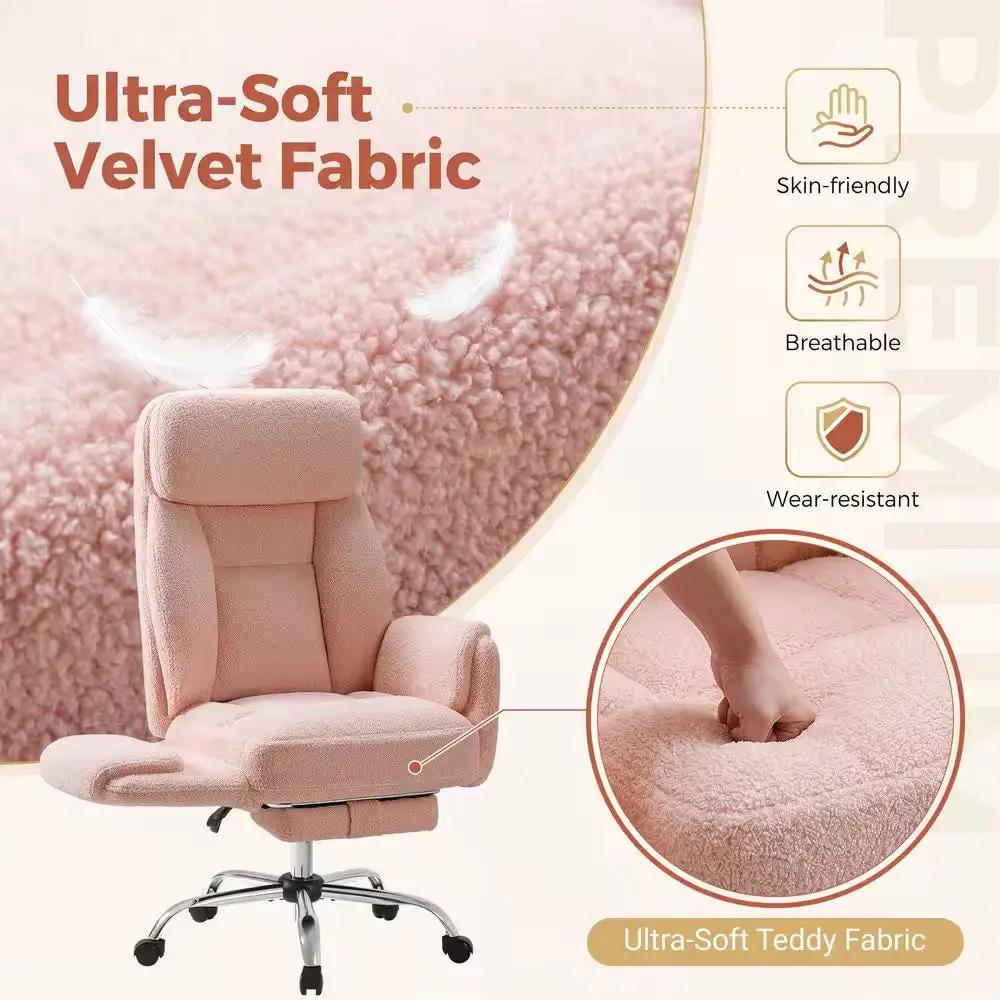 Big and Tall Teddy Fabric Footrest with Flip Armrests Office Chair in Pink, Cross Legged Computer Desk Chair