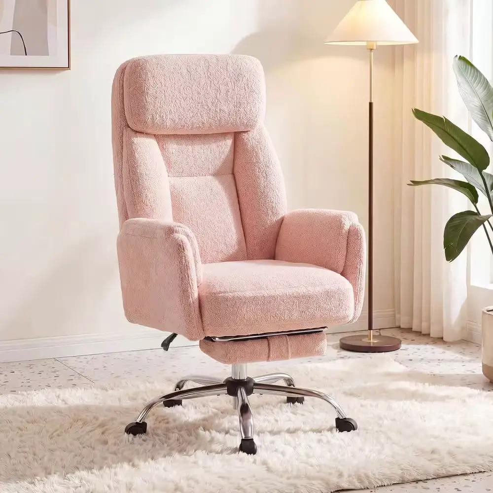 Big and Tall Teddy Fabric Footrest with Flip Armrests Office Chair in Pink, Cross Legged Computer Desk Chair