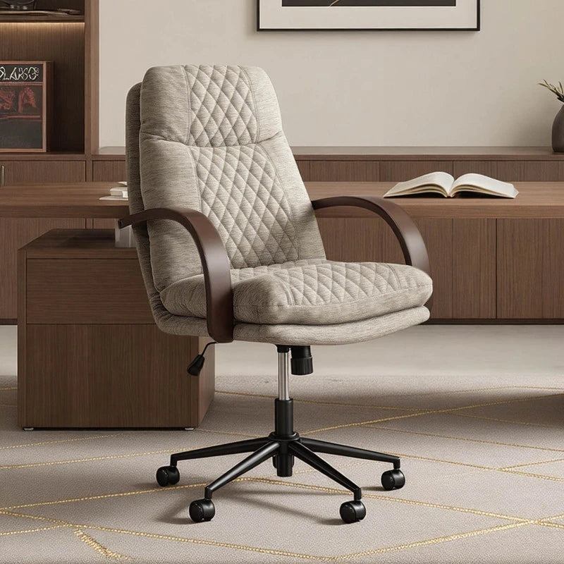 Upholstered Swivel Office Chair with Wood Arms