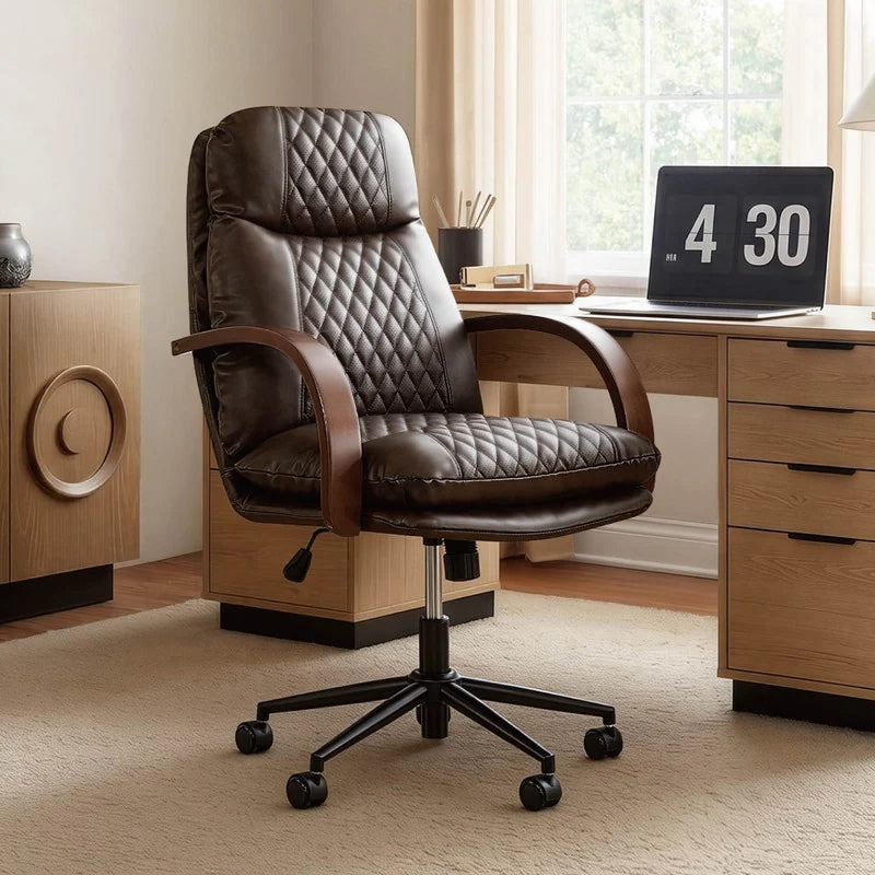 Upholstered Swivel Office Chair with Wood Arms