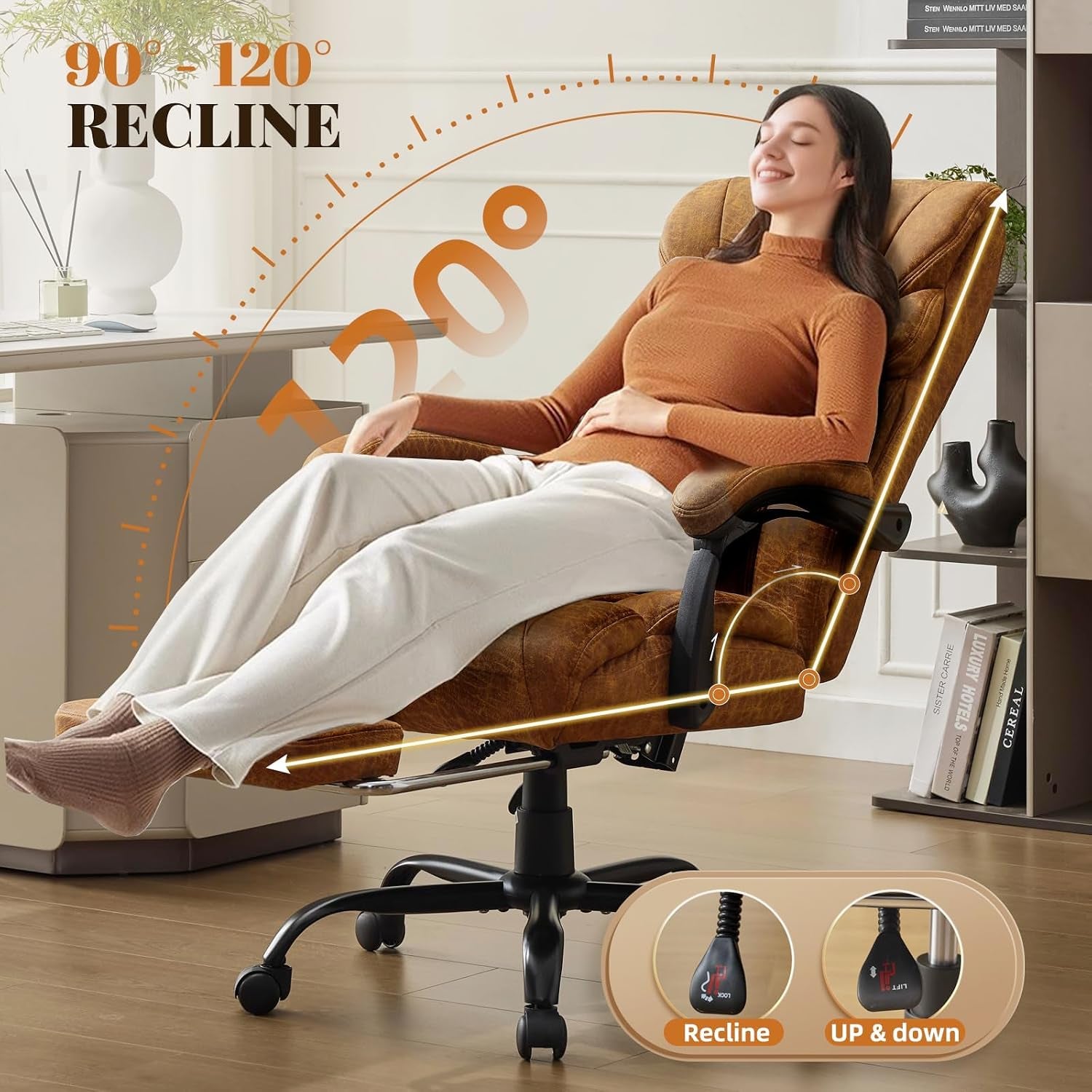 Big and Tall Office Chairs with Foot Rest,500Lbs Wide Ergonomic Gaming Chair,90-155°Recline Executive Leather Computer Chairs with Adjustable Height,Brown