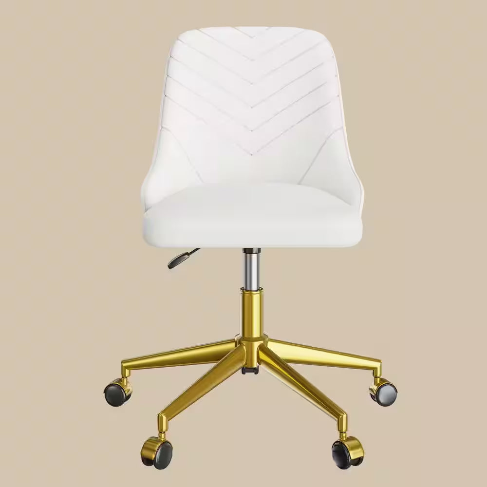 Height-Adjustable Velvet Office Chair with 360° Swivel, Gold Base, Rolling Desk Chair White for Living Room or Makeup