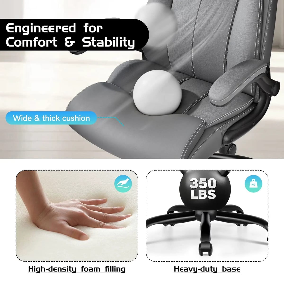 Coolhut big and tall office chair with adjustable lumbar support, padded flip-up arms, high back, and light gray upholstery.