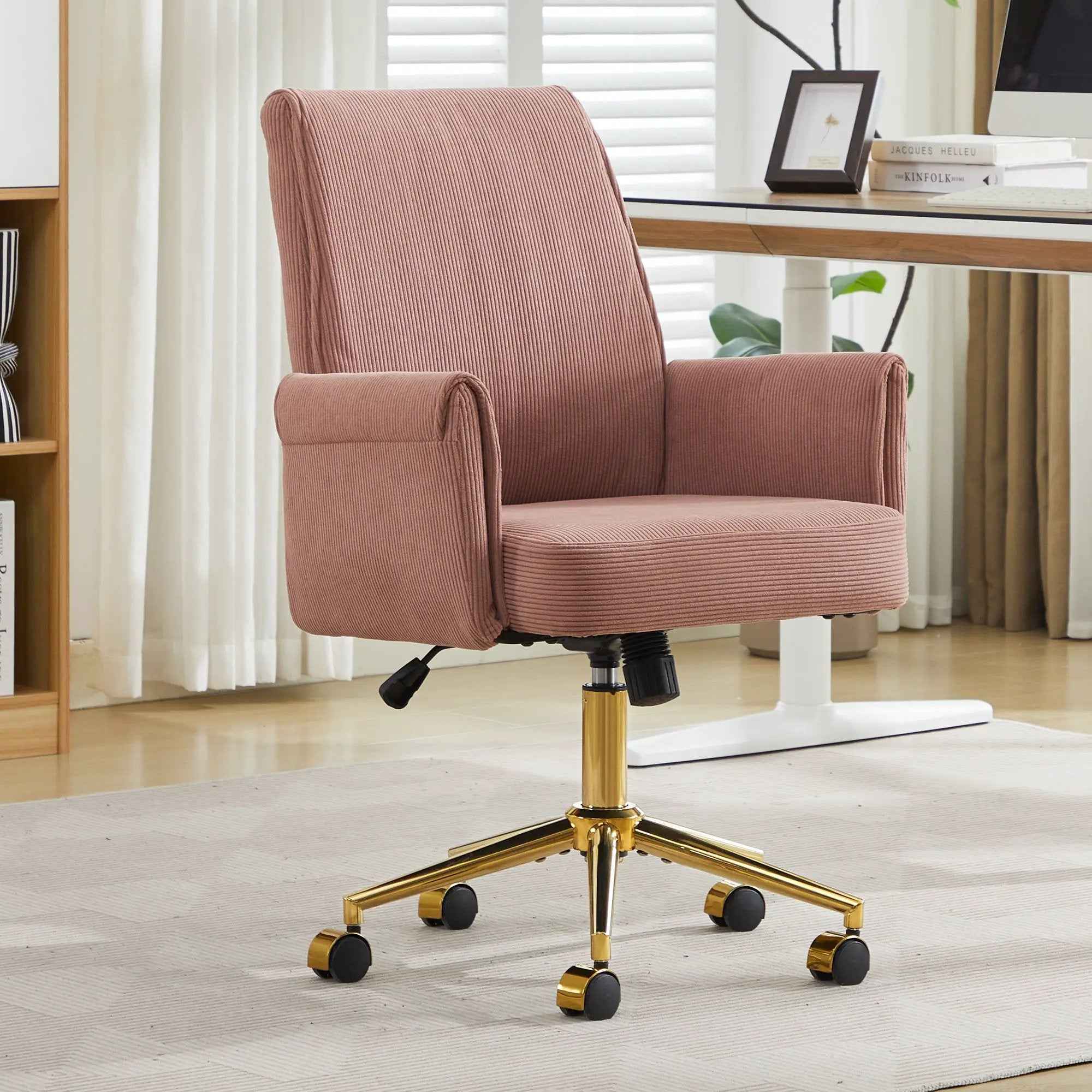 Pink Corduroy Office Chair with Gold Base - Ergonomic Comfort