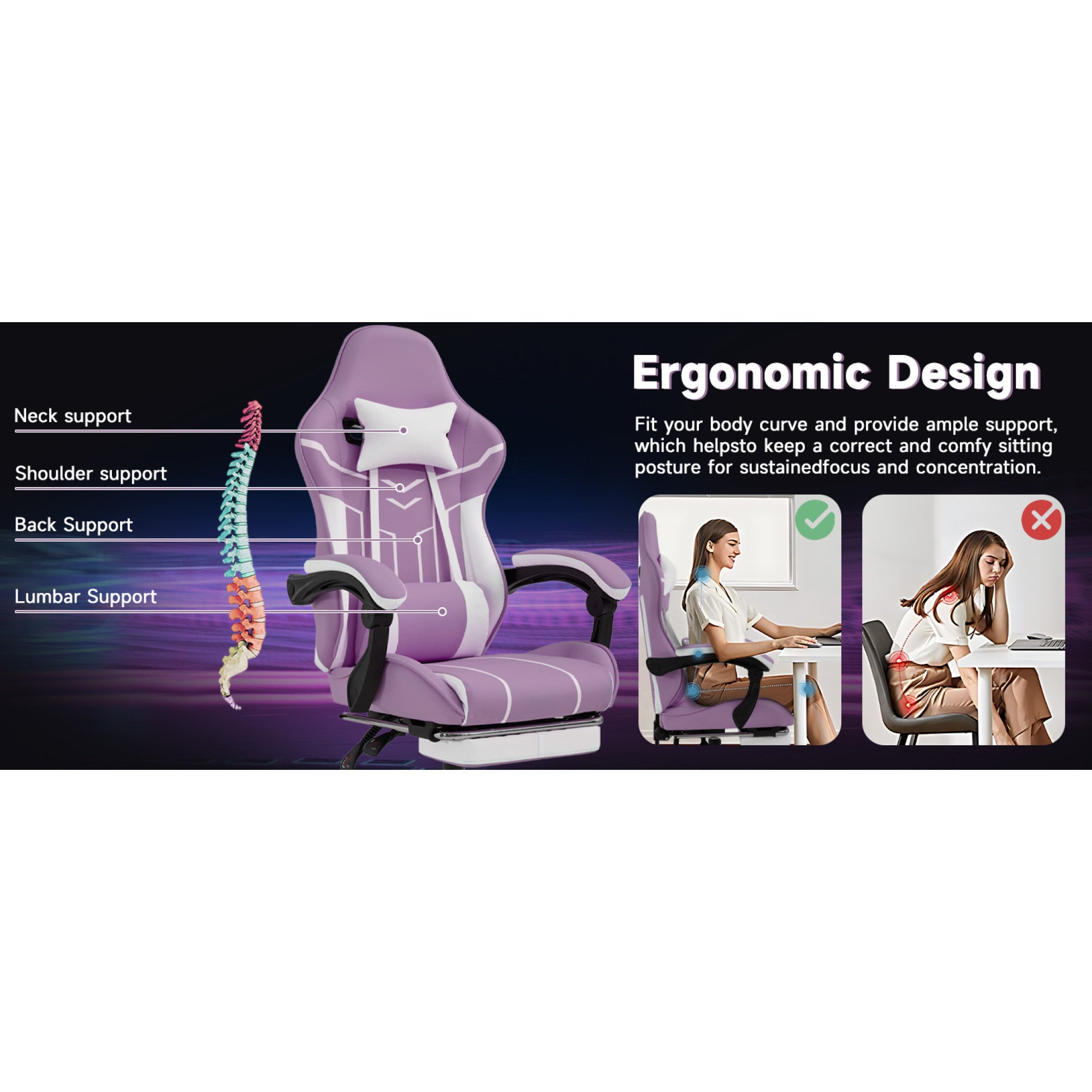 Purple and White Ergonomic Gaming Chair with Footrest - ergonomic design