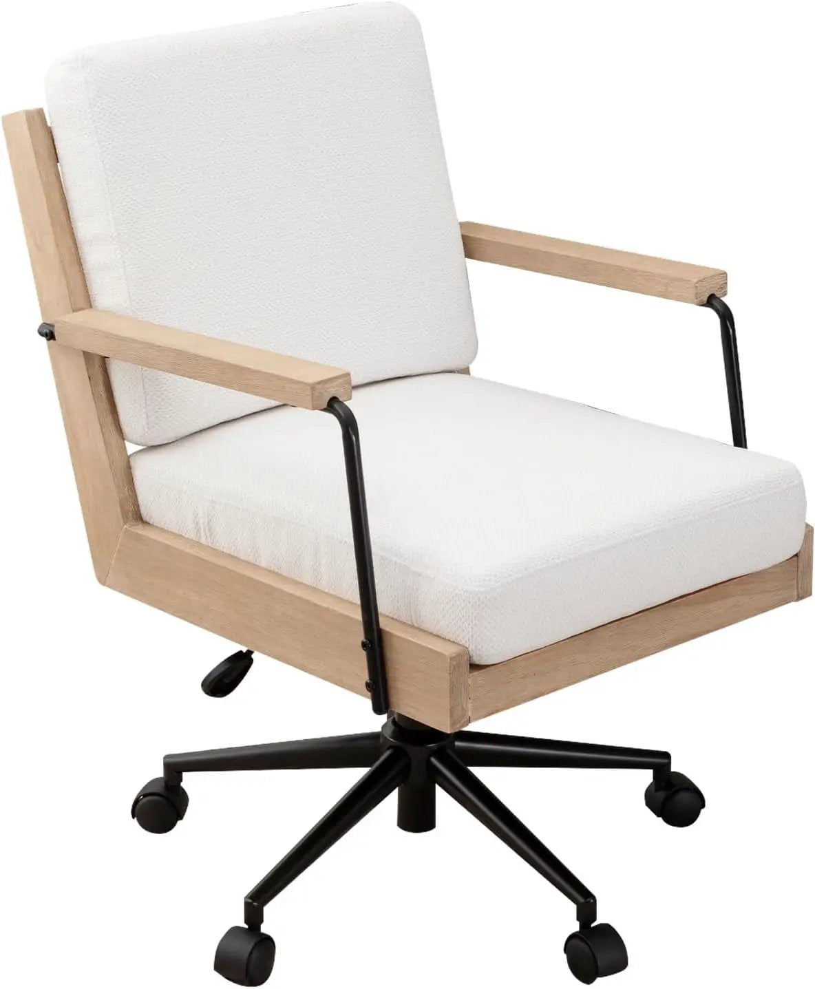 Wood office chair with armrests by TQHOQ, white fabric upholstery, natural wood frame, wheeled base