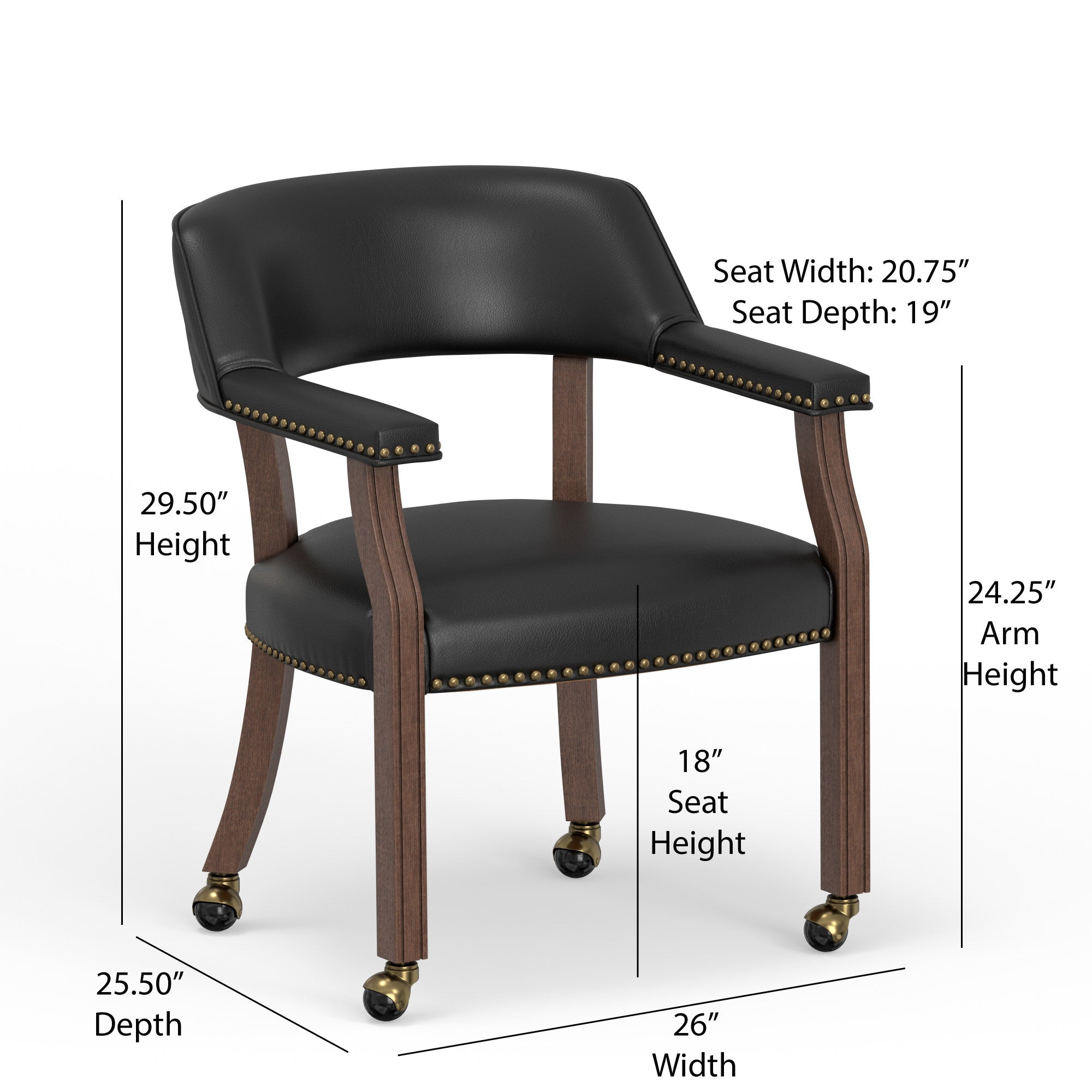 Gorman Walnut and Black Faux Leather Caster Dining and Game Chair - dimensions