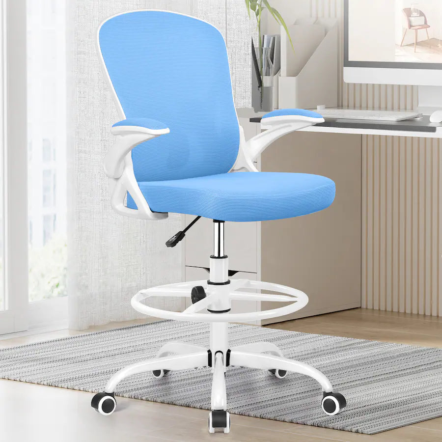 Primy PR934-Z Tall Ergonomic Drafting Chair, Flip Up Arms, Blue