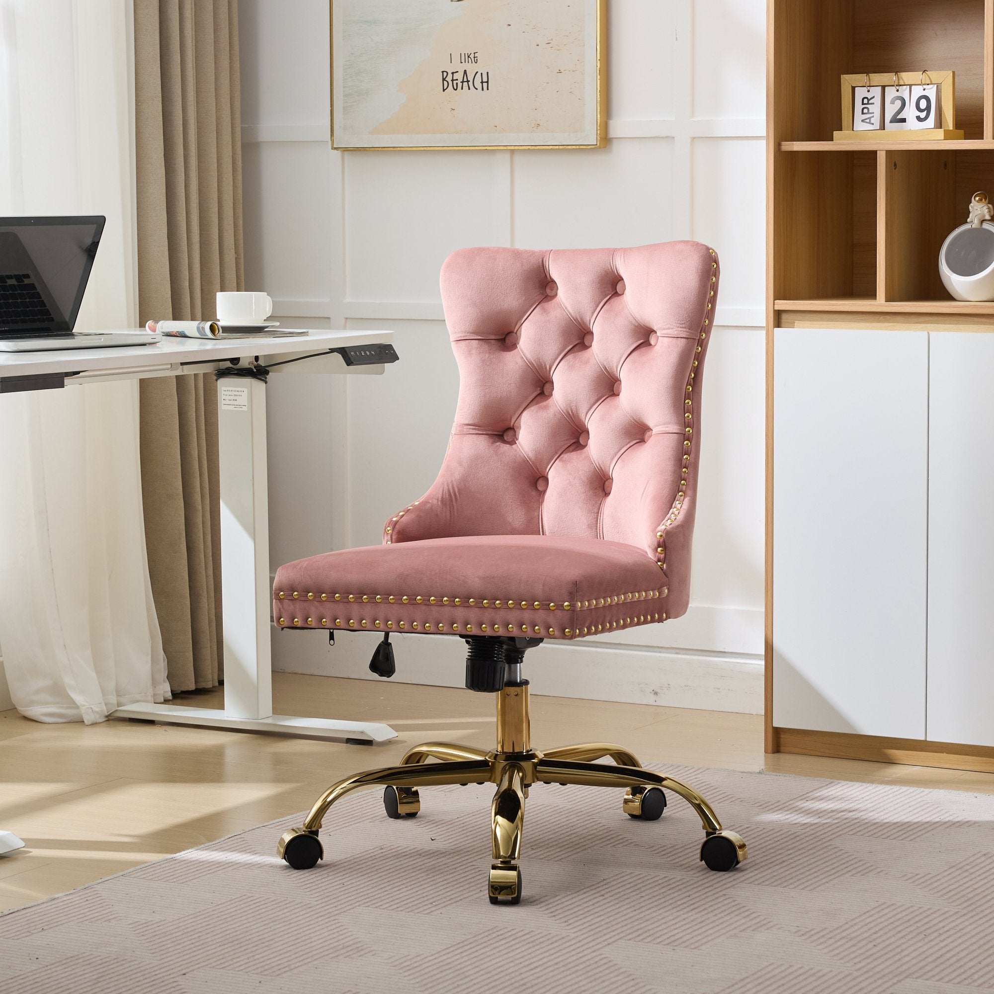 Pink Velvet Tufted Office Chair, A&A Furniture Modern Swivel Desk Chair with Golden Metal Base and Nailhead Trim - Platinum-Level Office Chairs
