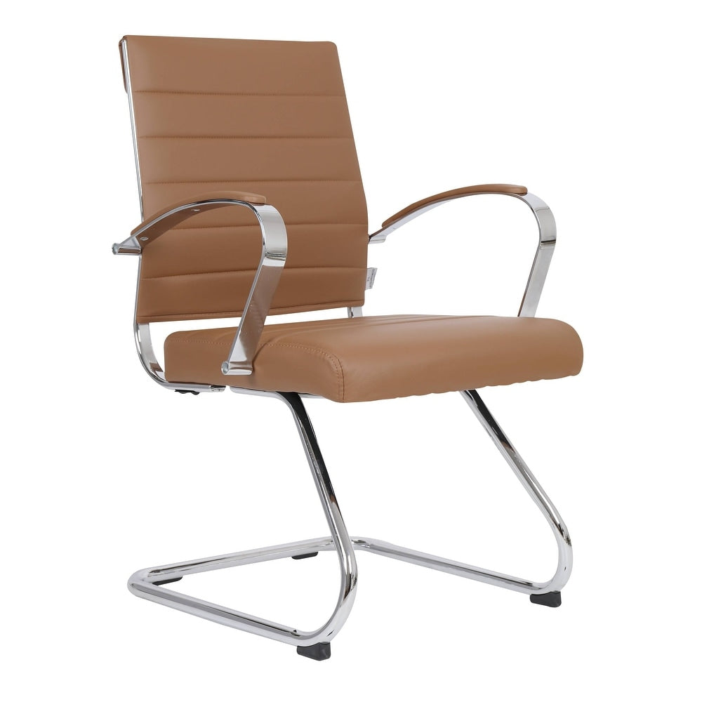 24 PCS Benmar Leather Upholstered Computer Office Chair with Sled Base, Padded Armrests for Home or Office - Light Brown