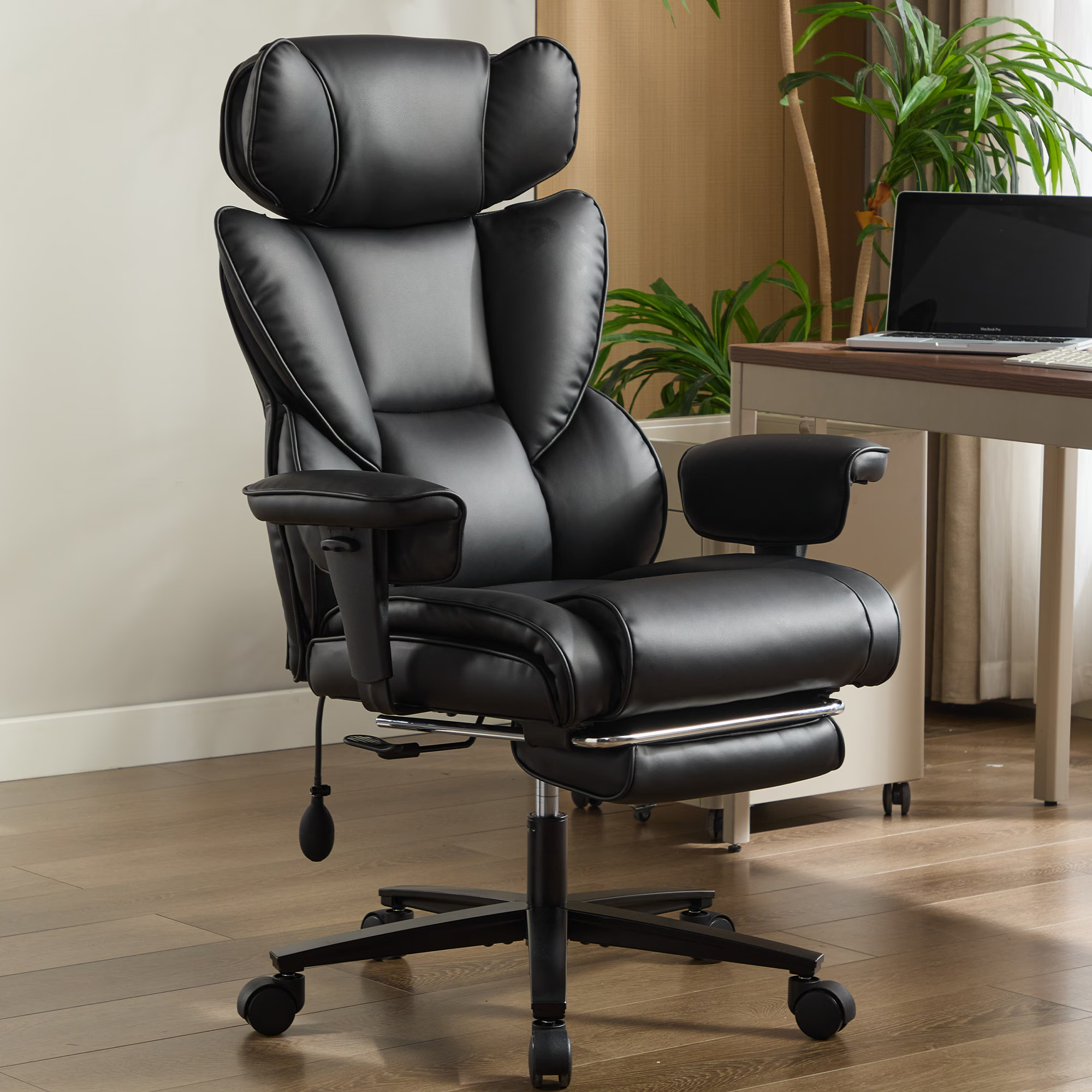 Office Chair with Foot Rest and Waist Lumber Support, Ergonomic Gaming Chair with Adjustable Height Headrest, High-Back Leather Reclining Chair for Home, Black - Platinum-Level Office Chairs
