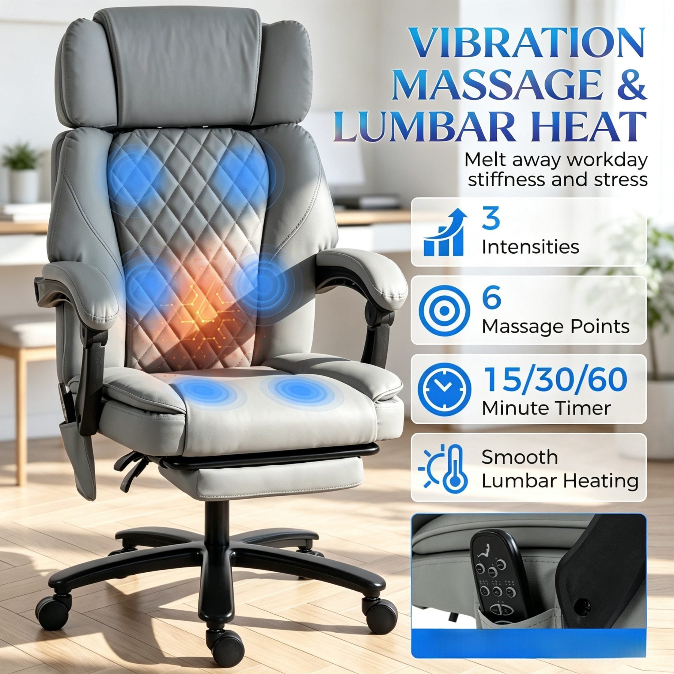 Light Gray Reclining Massage Office Chair, Heat & Headrest