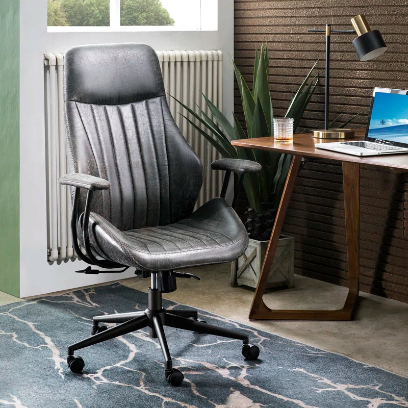 Albaugh Ergonomic Office Chair, High Back Swivel Rolling Executive Chair, Mid-Century Faux Lether with Lumbar Support, Large Computer Desk Task Chair with Suede Fabric for Home