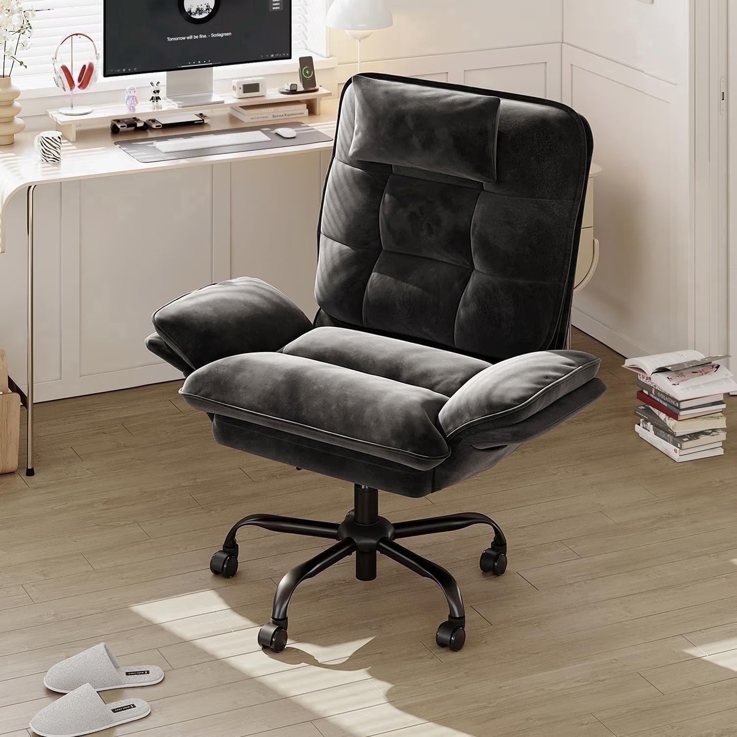 Bestier Big and Tall Ergonomic Office Chair with Flip-Up Arms, PU Leather High Back Executive Swivel Desk Chair with Side Pockets & Headrest , Height Adjustable Computer Chair for Home, Beige