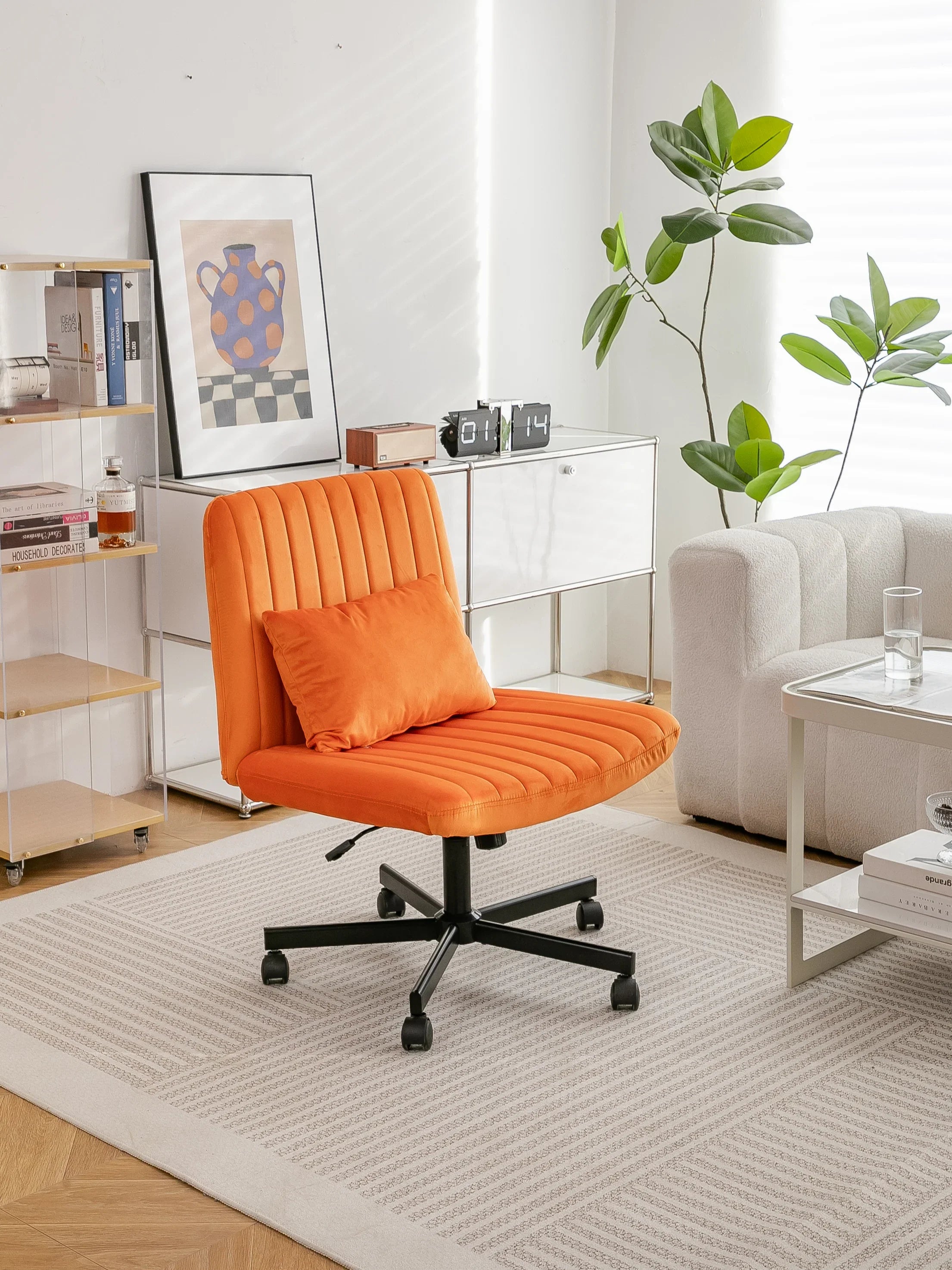Orange Velvet Criss Cross Armless Office Chair With Wheels