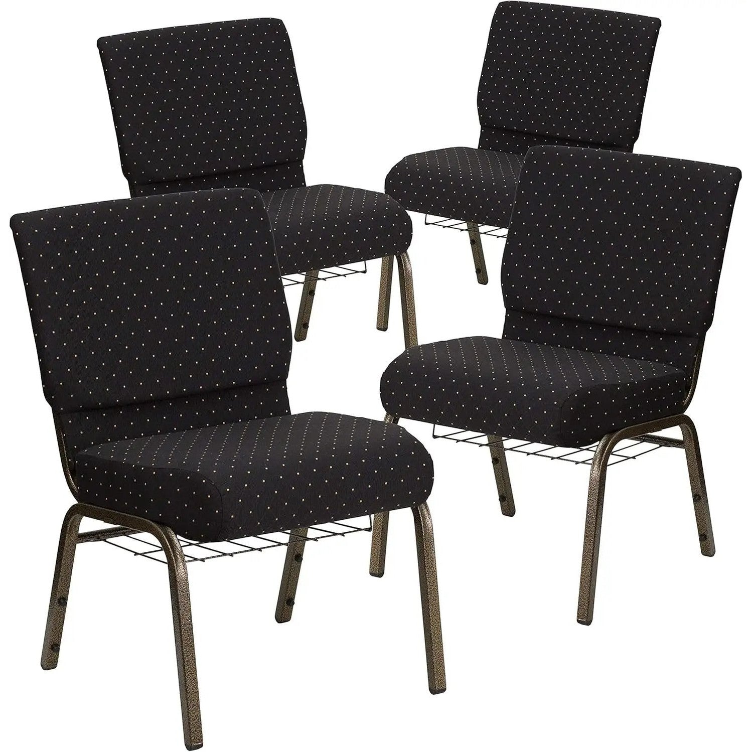 Flash Furniture 4 Pack HERCULES Series 21''W Church Chair in Black Dot Patterned Fabric with Cup Book Rack - Gold Vein Frame by 5 years limited.