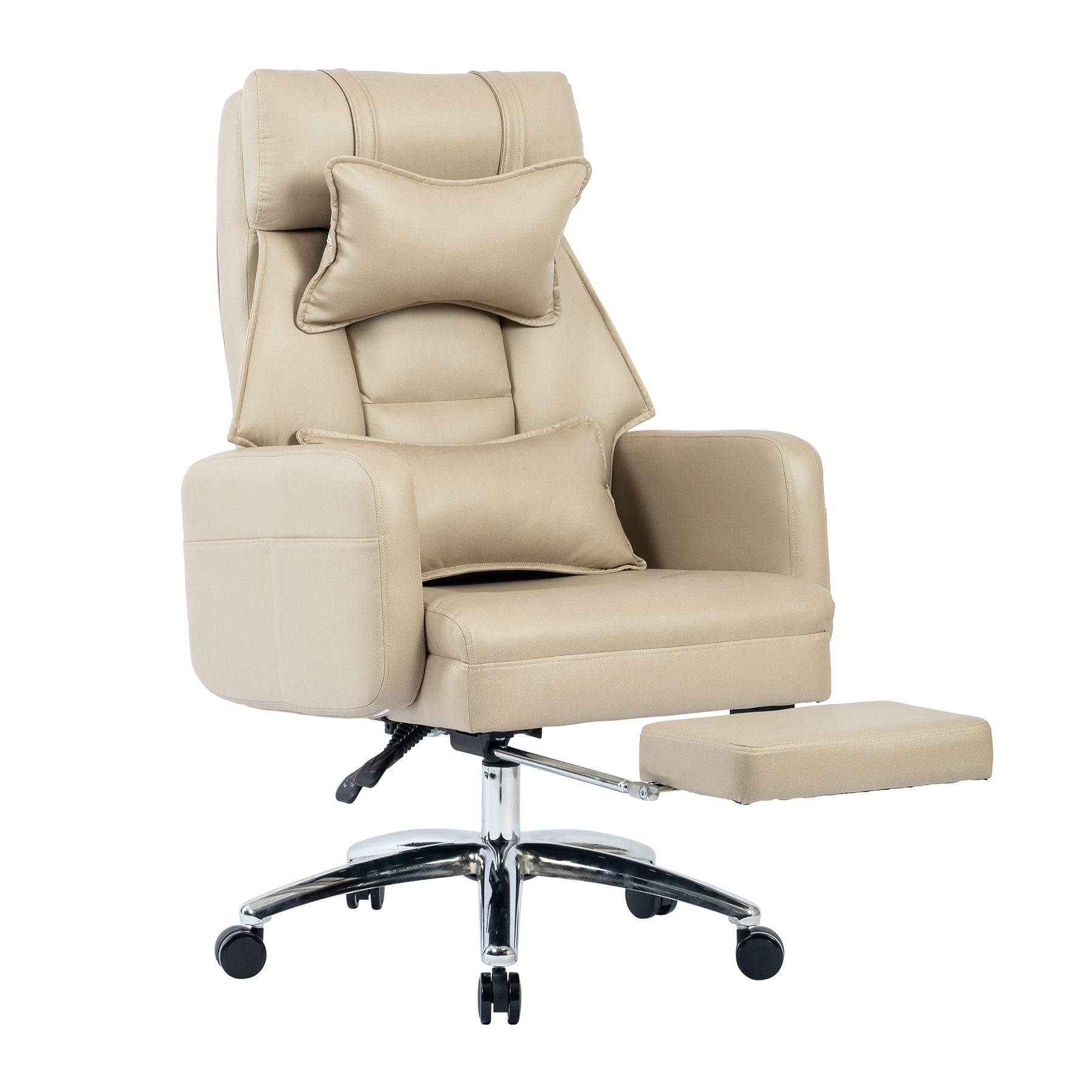 Beige technology leather high-back office chair with footrest