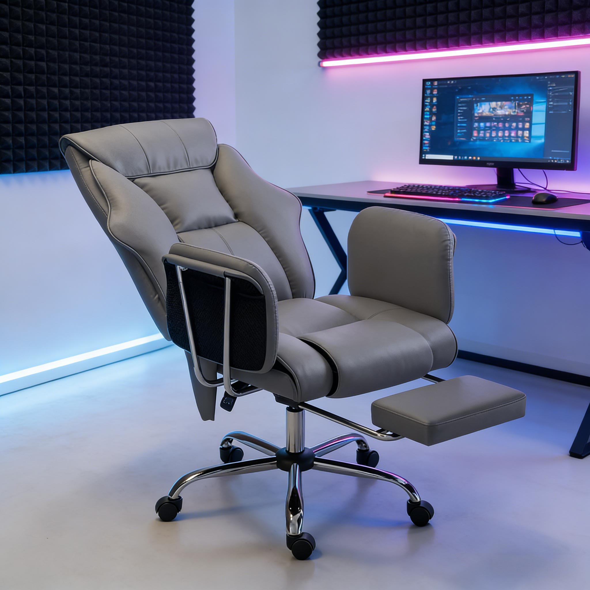 High Back Gray PU Leather Massage Office Chair Ergonomic Executive Desk Chair 6 Point Vibration - Platinum-Level Office Chairs