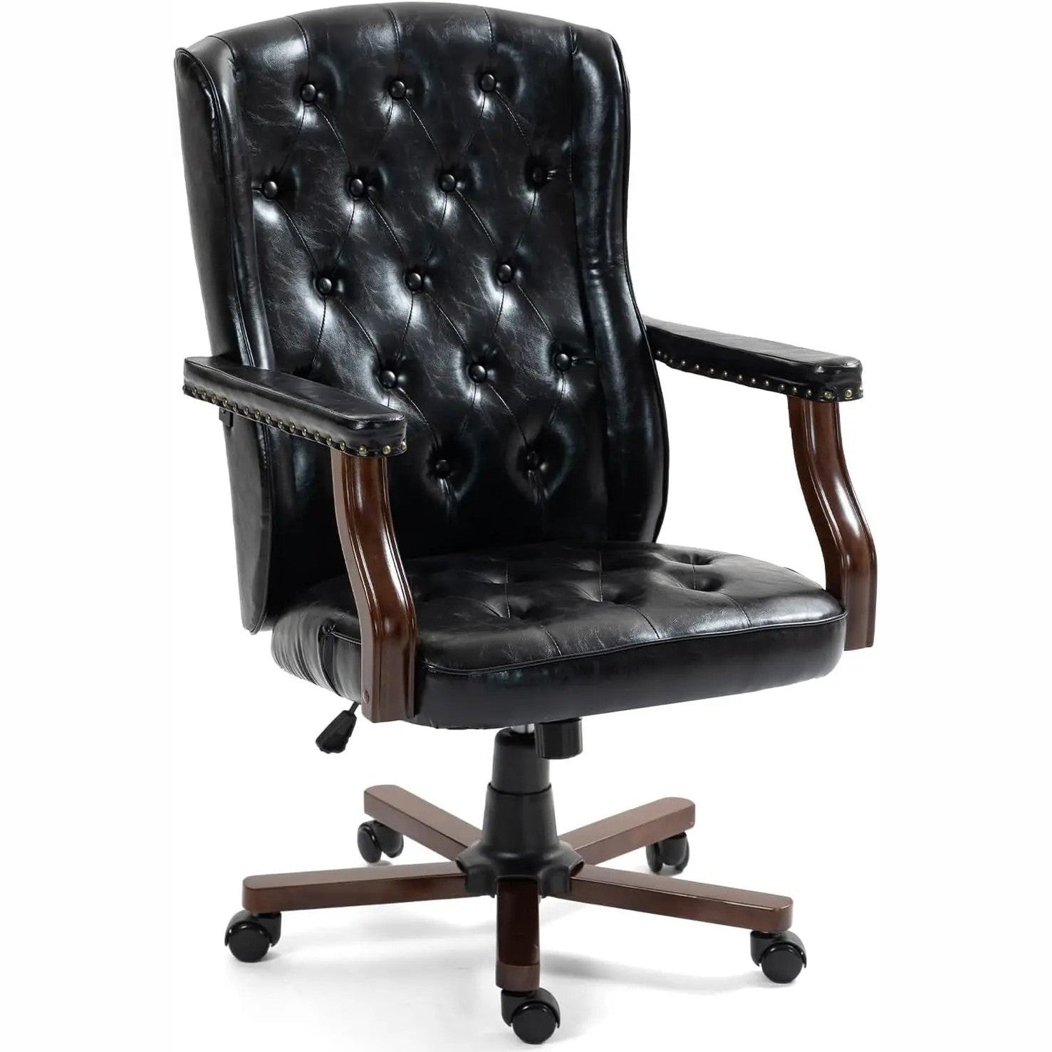 ECOTOUGE ergonomic executive office chair in black tufted faux leather with vintage wingback design and wooden arms.