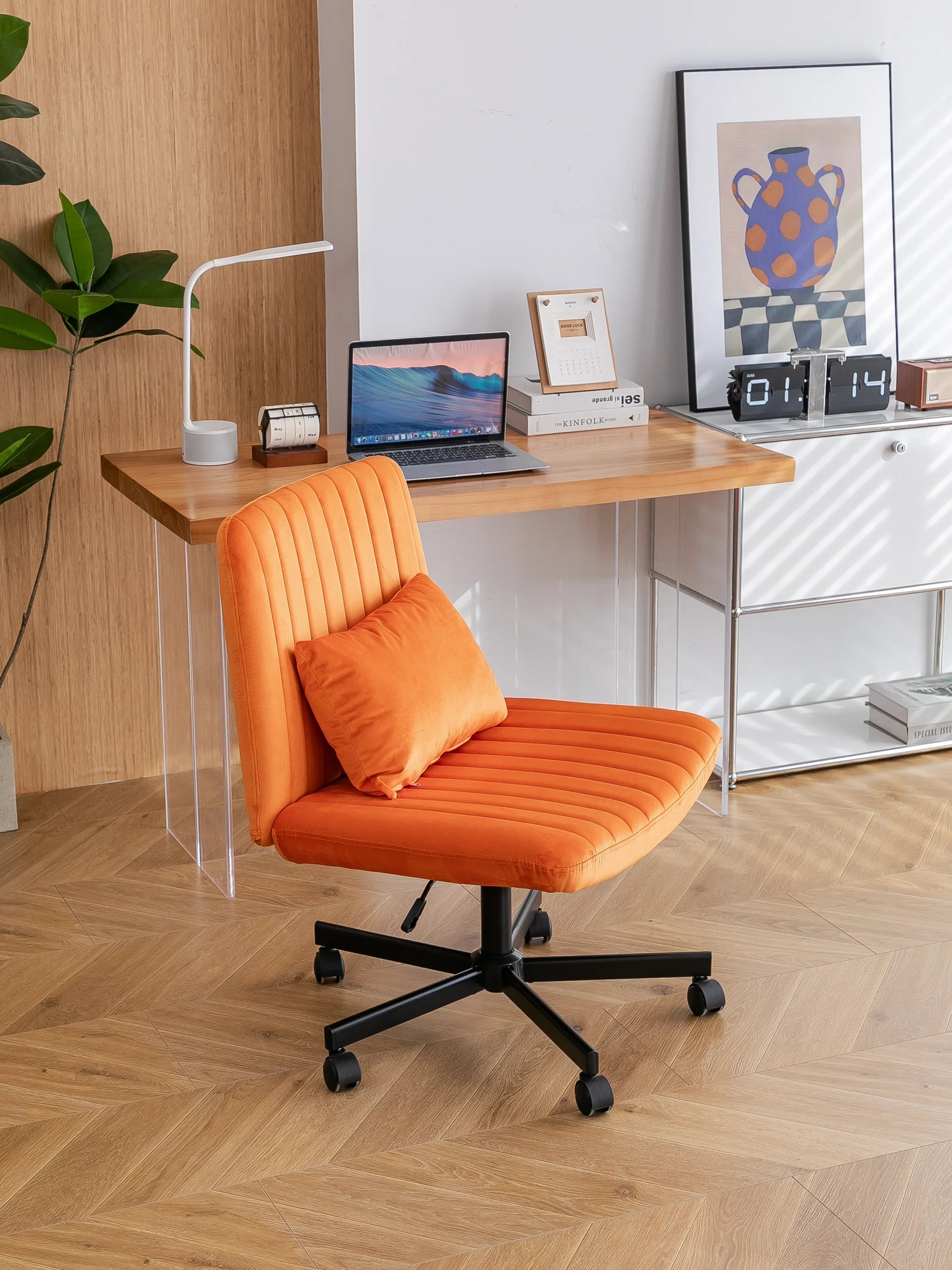Orange Velvet Criss Cross Armless Office Chair With Wheels
