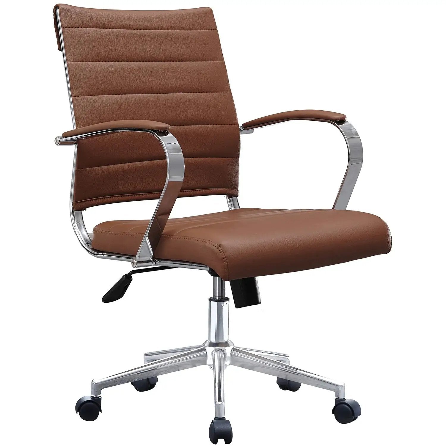 Black Office Chairs Mid Back Ribbed PU Leather Executive Task Work Conference with Arms Wheels Tilt Swivel Rolling