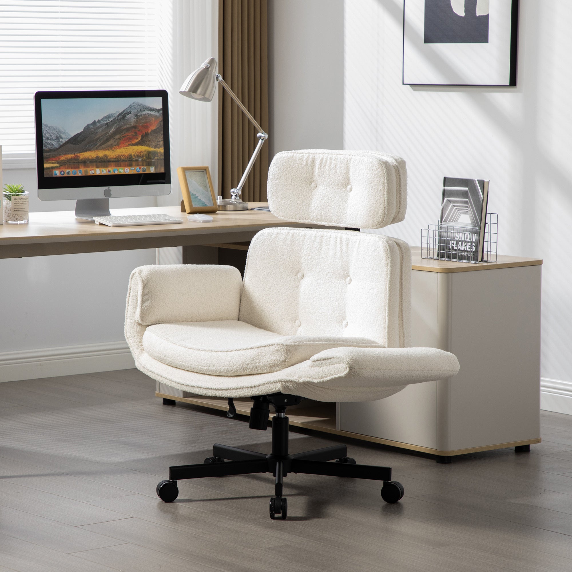 Ivory Sherpa Criss Cross Chair with Adjustable Armrests and Headrest