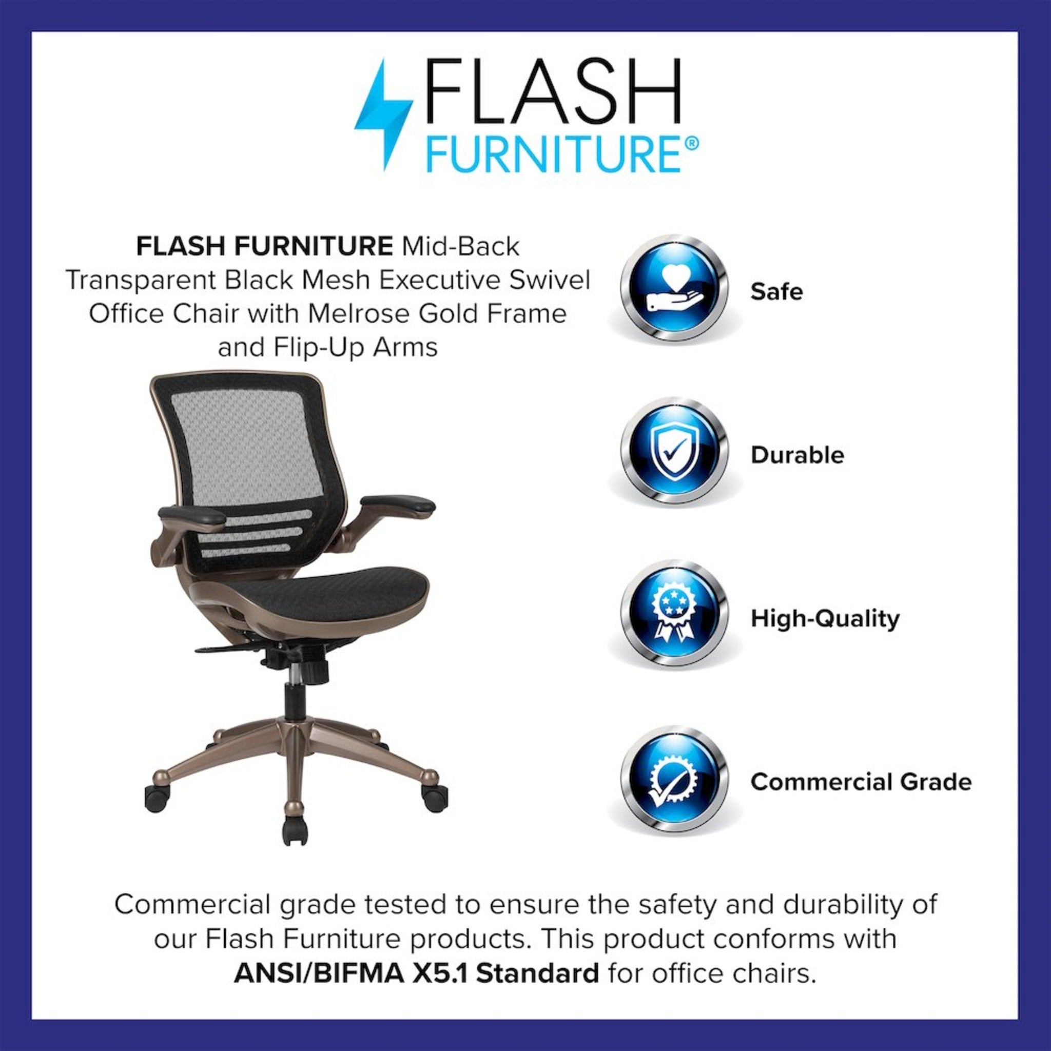 Mid-Back Black Mesh Executive Swivel Office Chair with Melrose Gold Frame