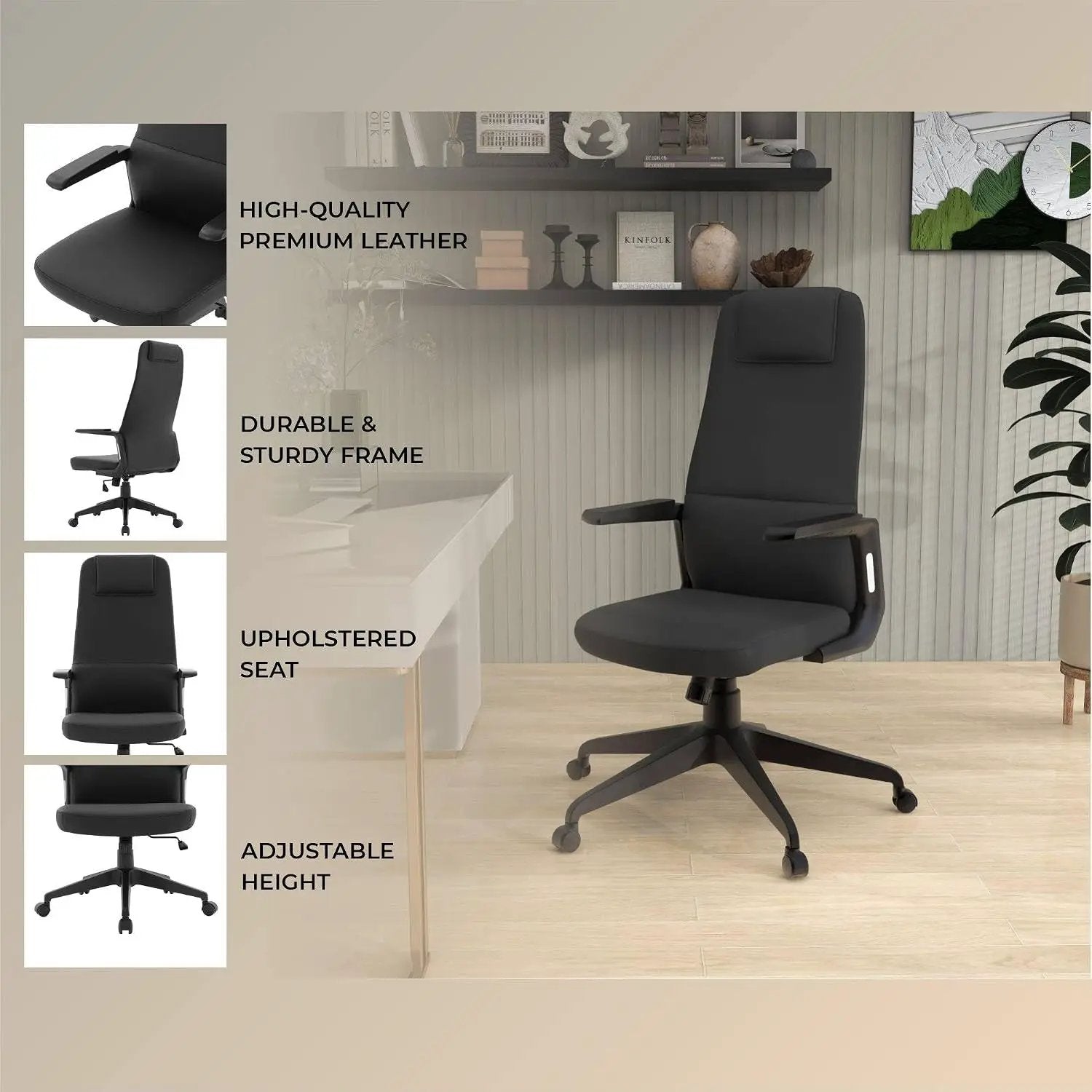 Leisuremod Ergonomic High-Back Leather Office Chair - Black Swivel Desk Chair with Adjustable Height, Tilt, Padded Headrest & Double Wheel Casters, Comfortable for Home or Office