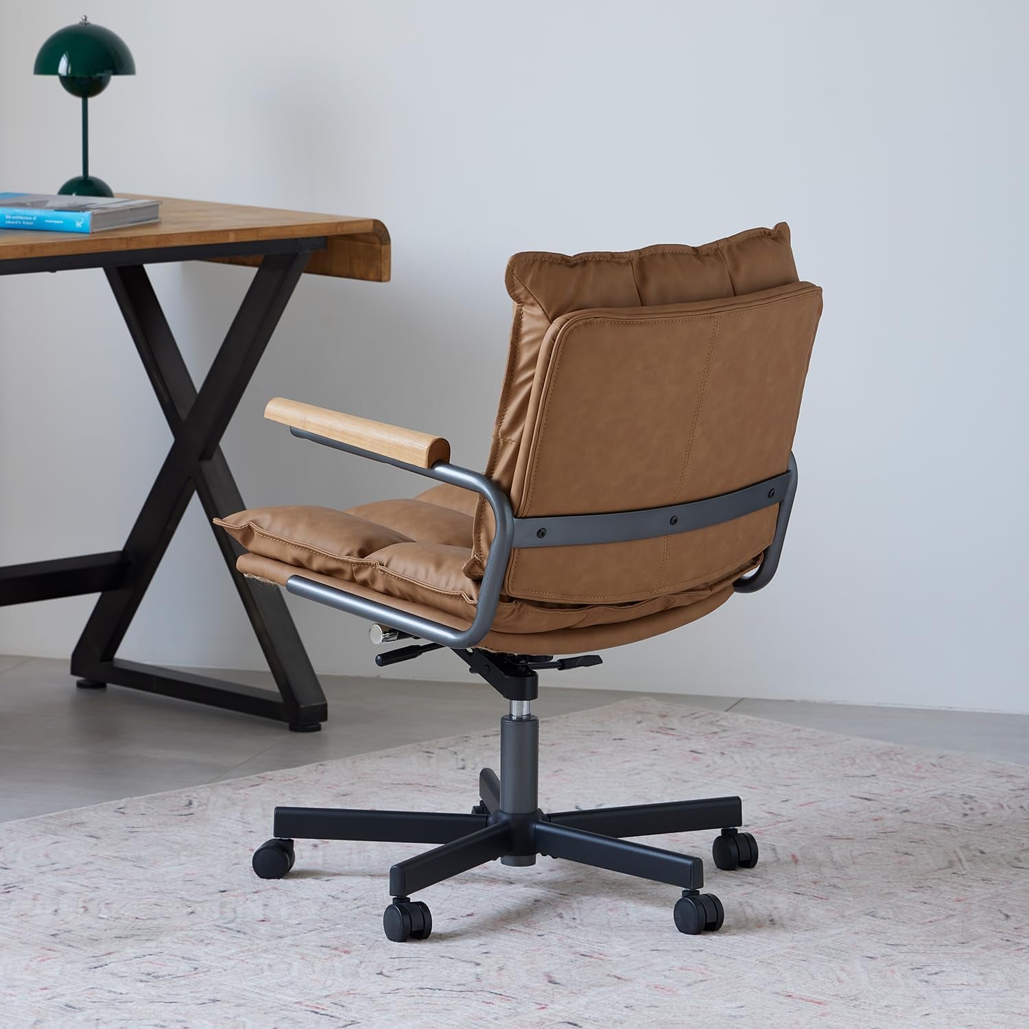 Home Office Desk Chair, Leather Ergonomic Computer Chair with Wheels, Adjustable Height Rolling Swivel Executive Chair, Camel Brown
