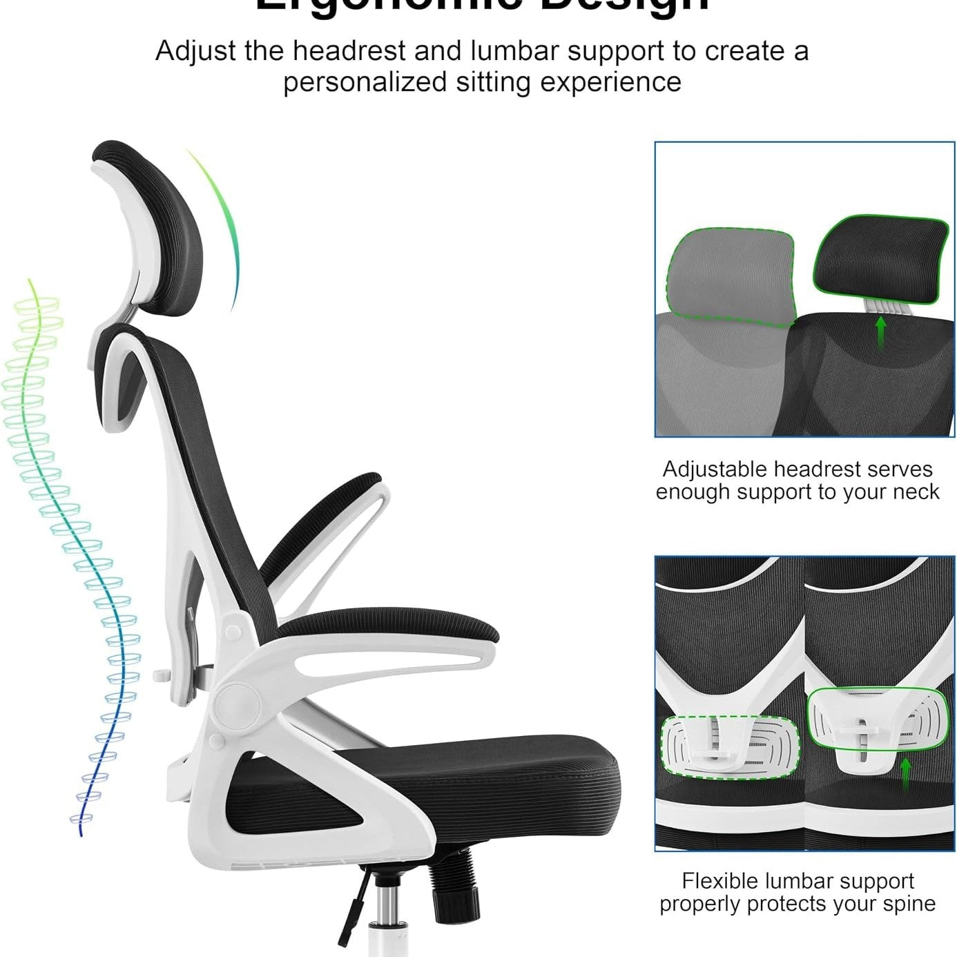 Yaheetech Ergonomic Office Chair with Headrest, Lumbar Support, White/Black | Breathable Mesh High-Back Adjustable Headrest, Padded Seat, and Flip-Up Armrests Supports Your Back and Neck, Holds 300Lb