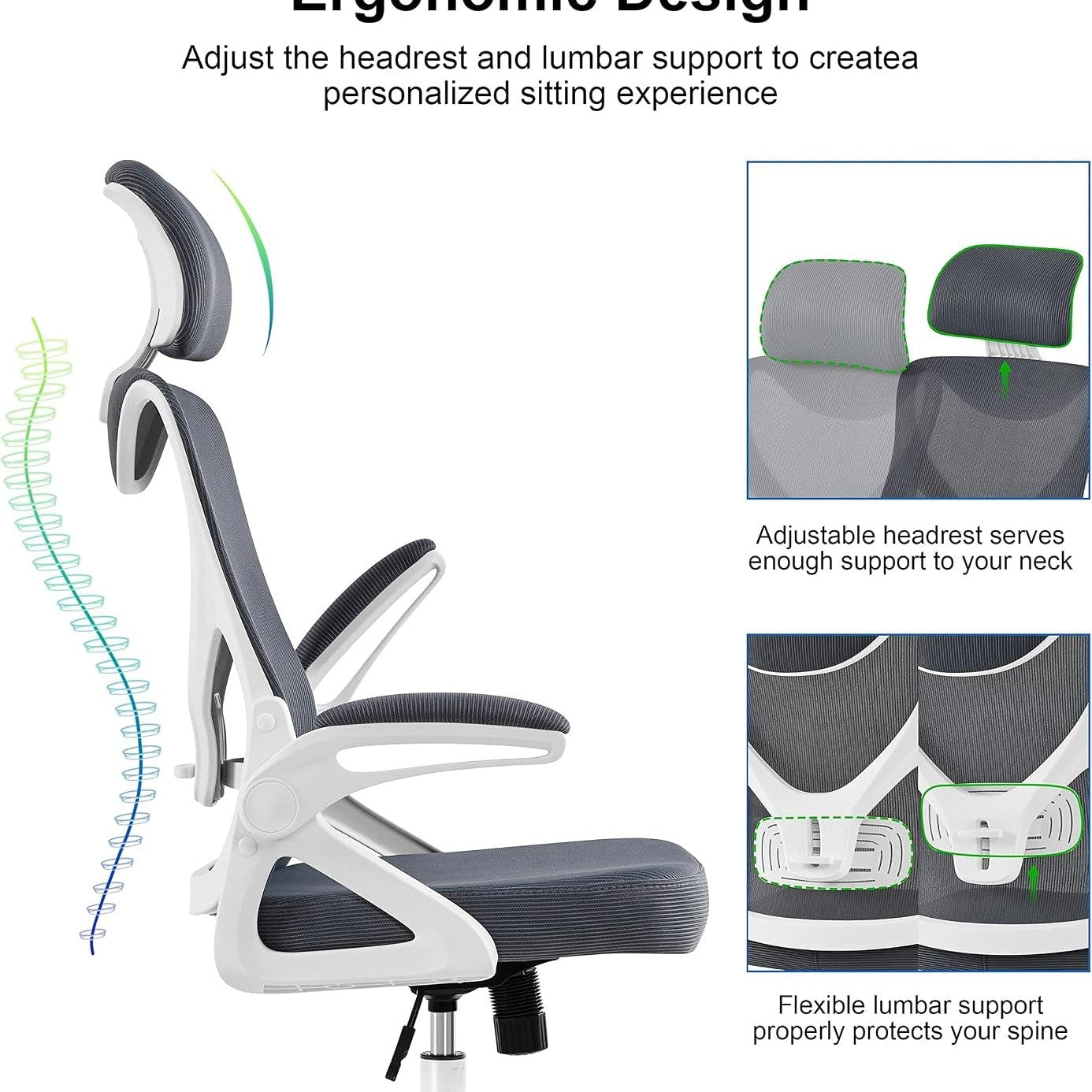 Yaheetech Ergonomic Office Chair with Headrest, Lumbar Support, White/Gray | Breathable Mesh High-Back Adjustable Headrest, Padded Seat, and Flip-Up Armrests Supports Your Back and Neck, Holds 300Lb